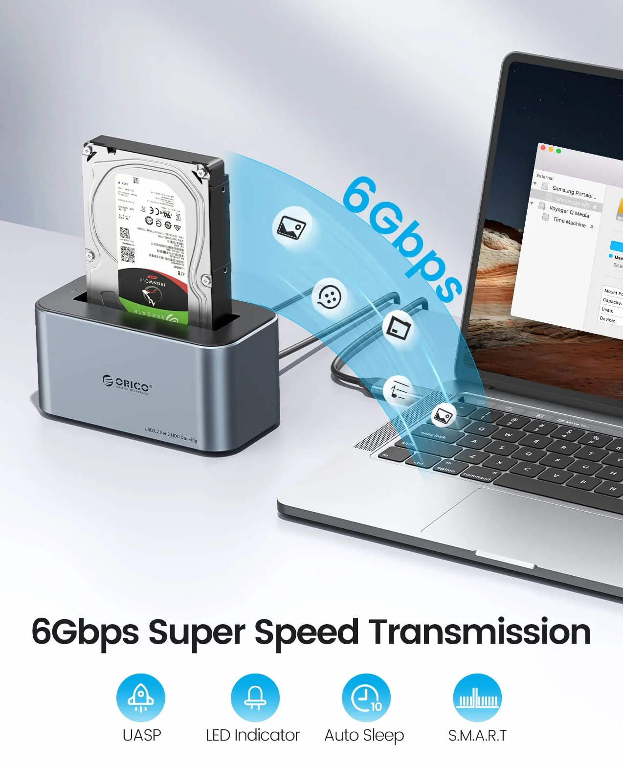 ORICO Aluminium Festplatten Dockingstation, 6Gbps USB 3.2 Gen 2 SSD/HDD Docking Station für SATA 2,5/ 3,5 Zoll bis zu 18 TB, mit 12V 2A Netzteil, Unterstützt USB A und USB C, Werkzeugfrei(6616C3)