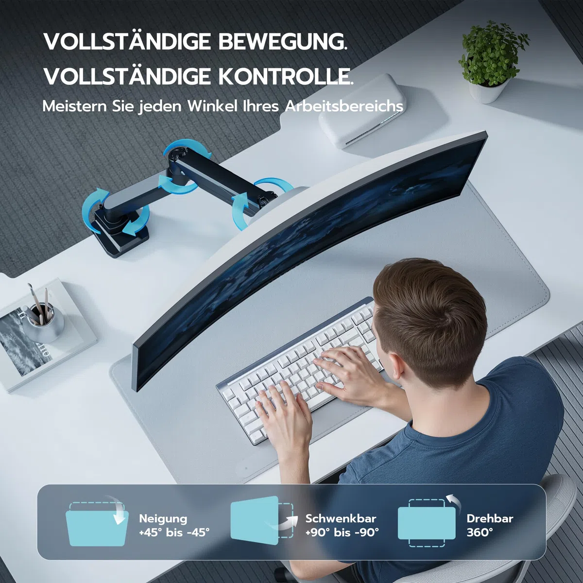 ARES WING Monitor Halterung für 17"-49" Flach Curved Bildschirm, Höhenverstellbar Bildschirmhalterung, Einzel Monitor Arm Traglast Max 18 kg, 75/100mm Vesa Halterung, Tischhalterung,Schwarz