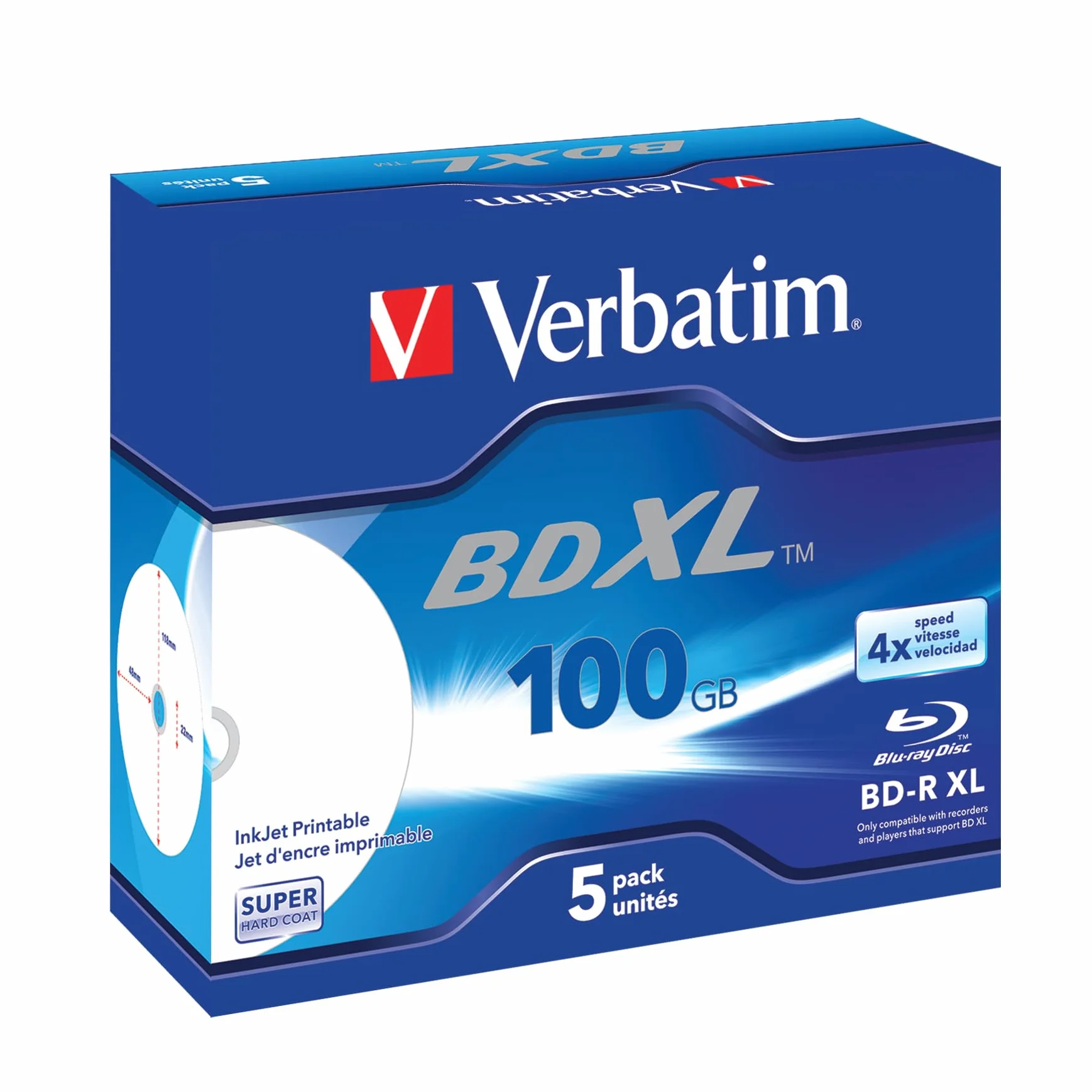 Verbatim BD-R XL 100 GB, Blu-Ray-Disk mit 4X-Schreibgeschwindigkeit - Bedruckbar - Jewel Case - 5er-Pack
