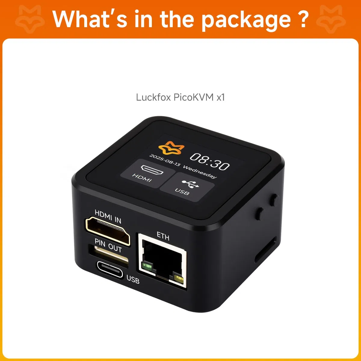 LUCKFOX PicoKVM with Metal Case and 1.54-inch Touch Display - Remote IP KVM for Server/PC Management, HDMI Capture, HID Simulation, Low Latency Control
