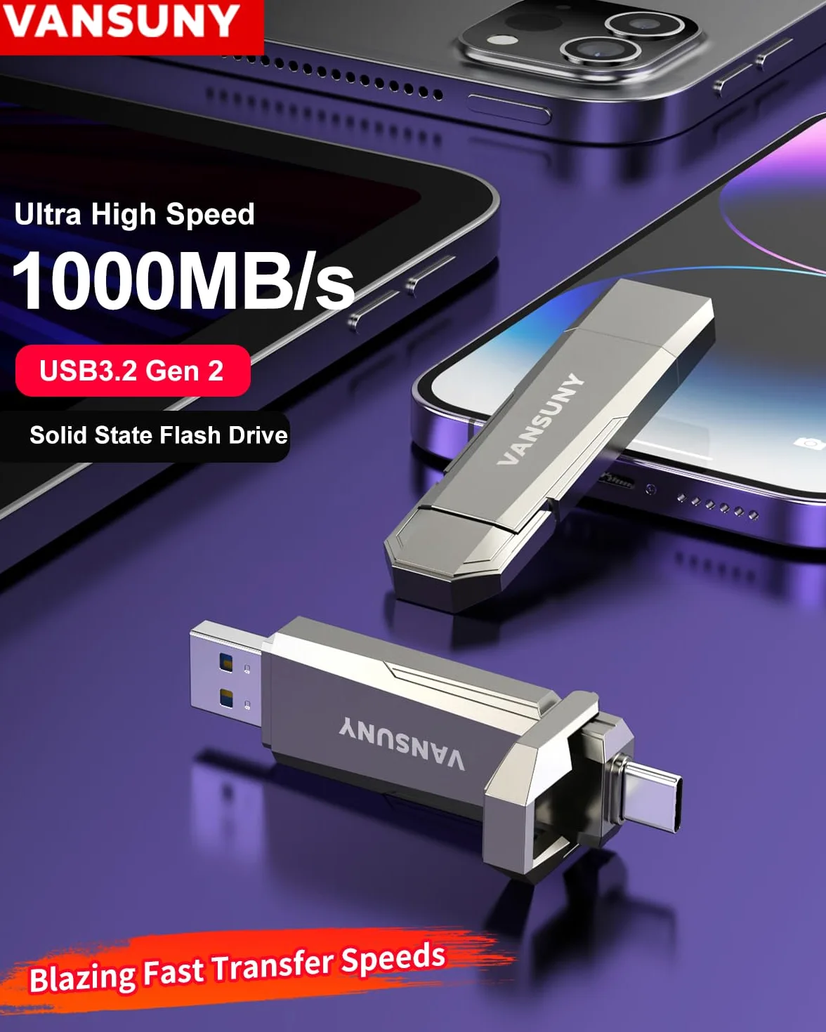 Vansuny USB-C Stick 256GB mit bis zu 1000 MB/s Externe SSD 256GB Dual USB-Stick USB-C + USB A Speicherstick für iPhone 15/16, Android-Telefon, Laptop, Tablet, Mac, Festkörper Laufwerk