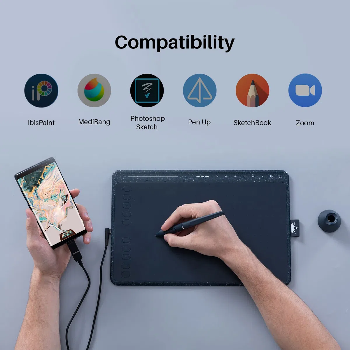 2020 HUION HS611 Grafiktablett Android unterstützt Stift Tablet Neigefunktion, Batteriefreier Stylus 8192 Stift Druck mit 8 Multimedia-Tasten, 10 Express-Tasten und Touch-Strip(Sternenblau)