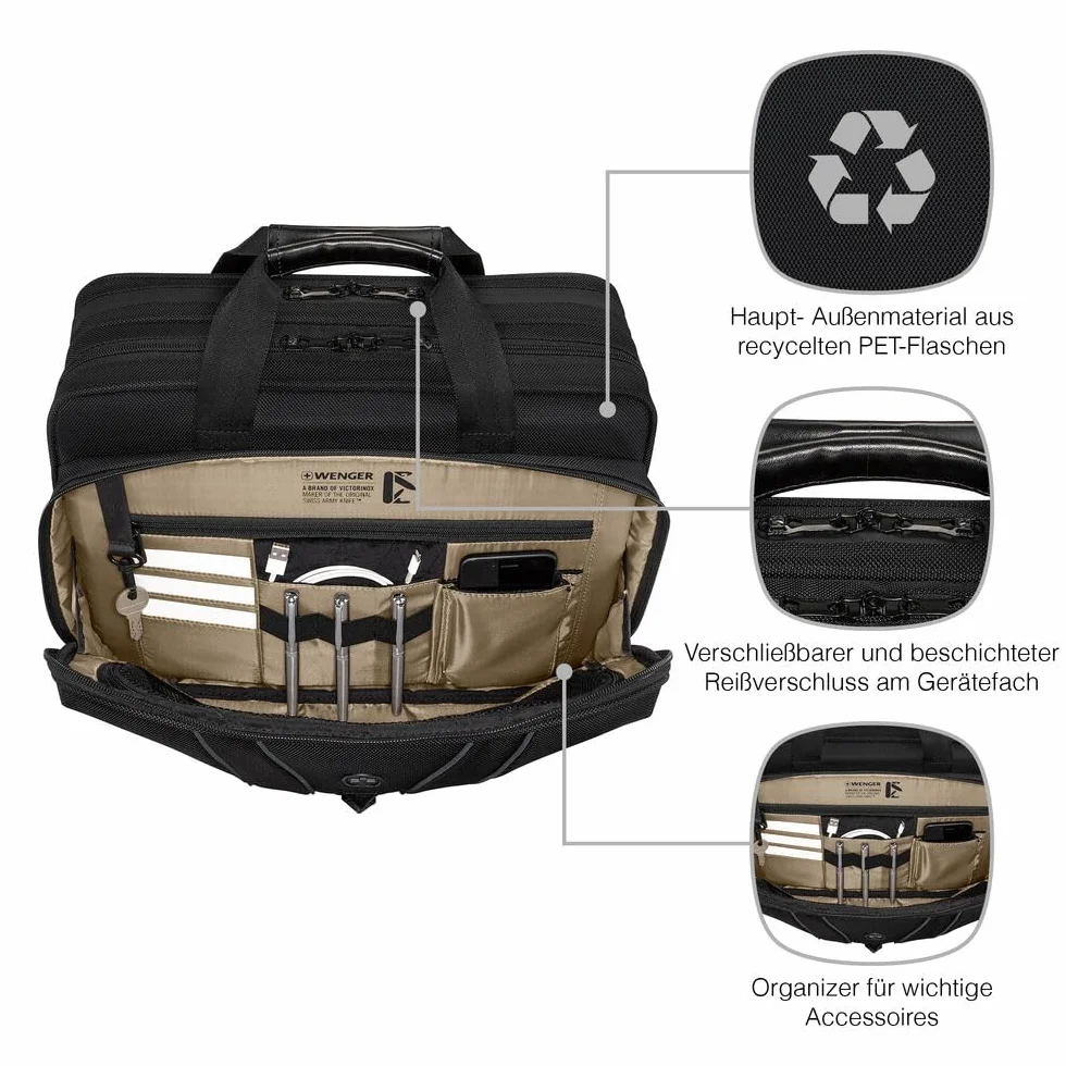 WENGER Legacy Black Series Brief Laptop-Tasche zum Umhängen, Notebook bis 16 Zoll, Tabletfach, Aktentasche, 15 l, Büro Business Uni, Schwarz, 653630