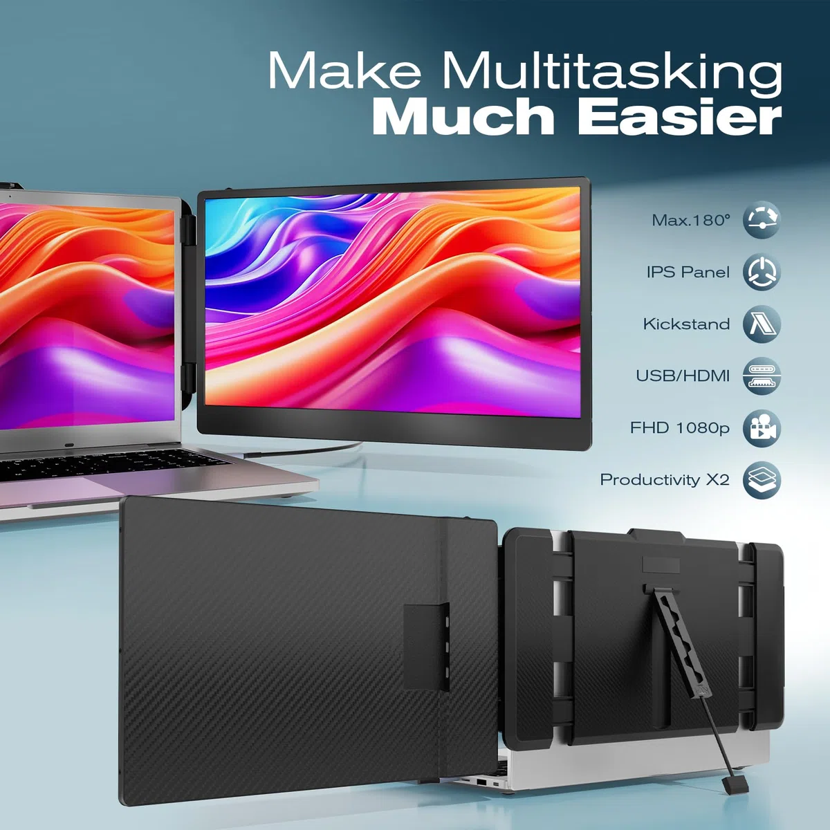 Teamgee Laptop Monitor erweiterung, 14" FHD 1080P IPS Portable Monitor für Laptop, Eingebauter Stand/Lautsprecher, Dual Screen für 13“-17“ Laptops, Plug & Play Geeignet für Mac, Wins, Android