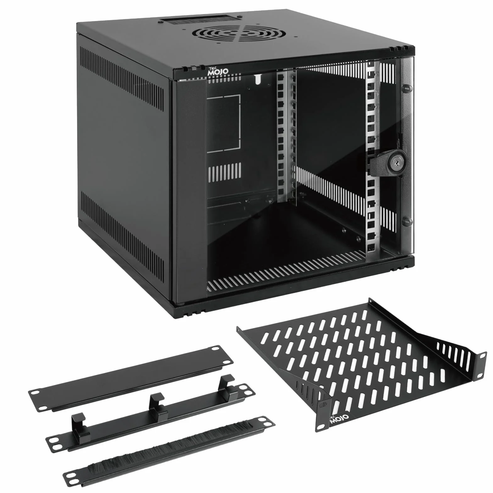 Tecmojo 10-Zoll 6HE Wandmontage-Netzwerk-Schrank, 330 mm tief, Netzwerkschrank mit Rack-Ablage, Bürstenblenden, Kabelorganisator für 10-Zoll-AV/IT/NAS-Geräte (254 mm), 50 kg Traglast, Schwarz, Glastür