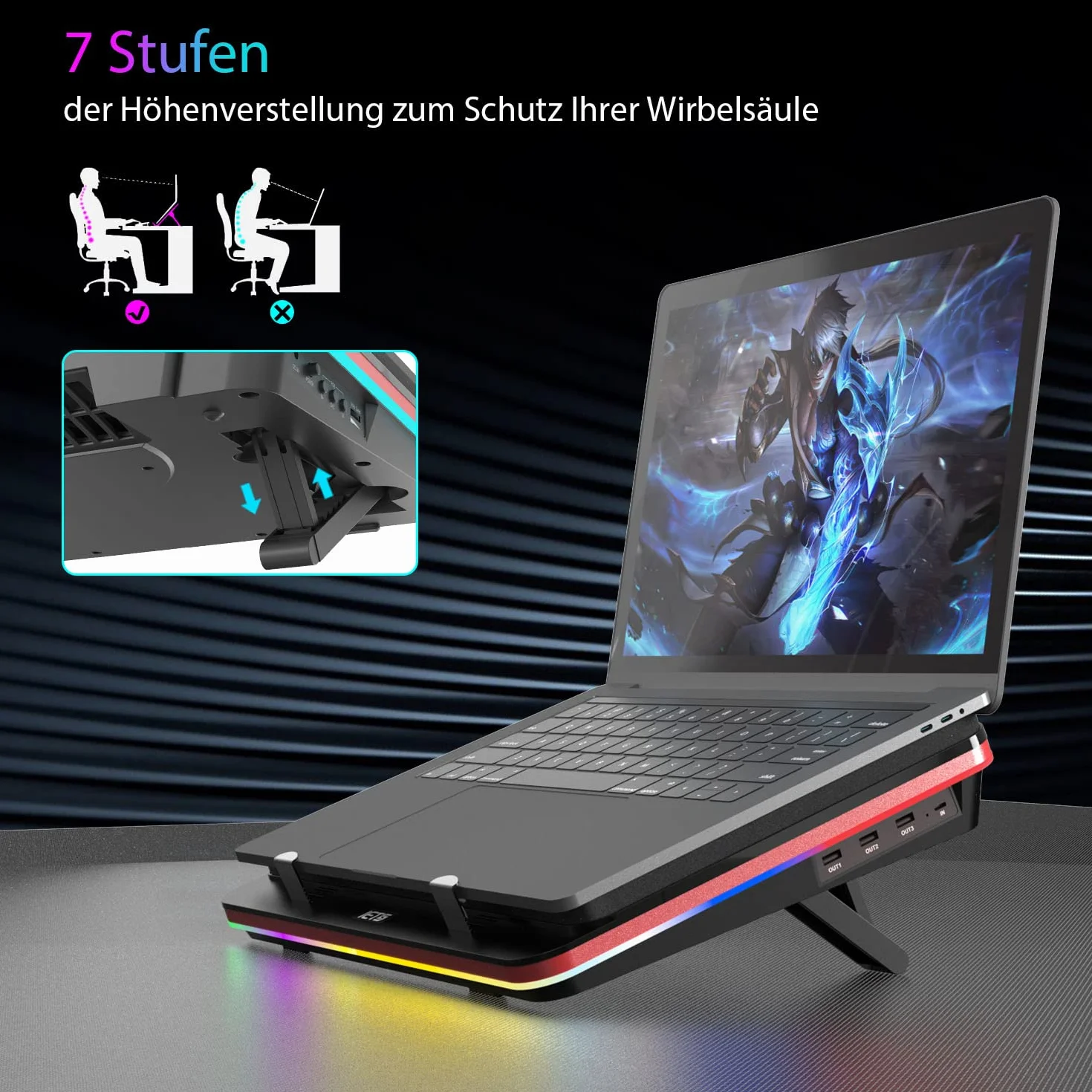IETS GT500 Stark Turbo-Fan (5000 U/min) RGB-Laptop-Kühlpad mit stufenloser Geschwindigkeit, Dichtungsschaum für schnell abkühlende Gaming-Laptop, 13-17,3 Zoll Kühler mit 3-Port-USB-Hub