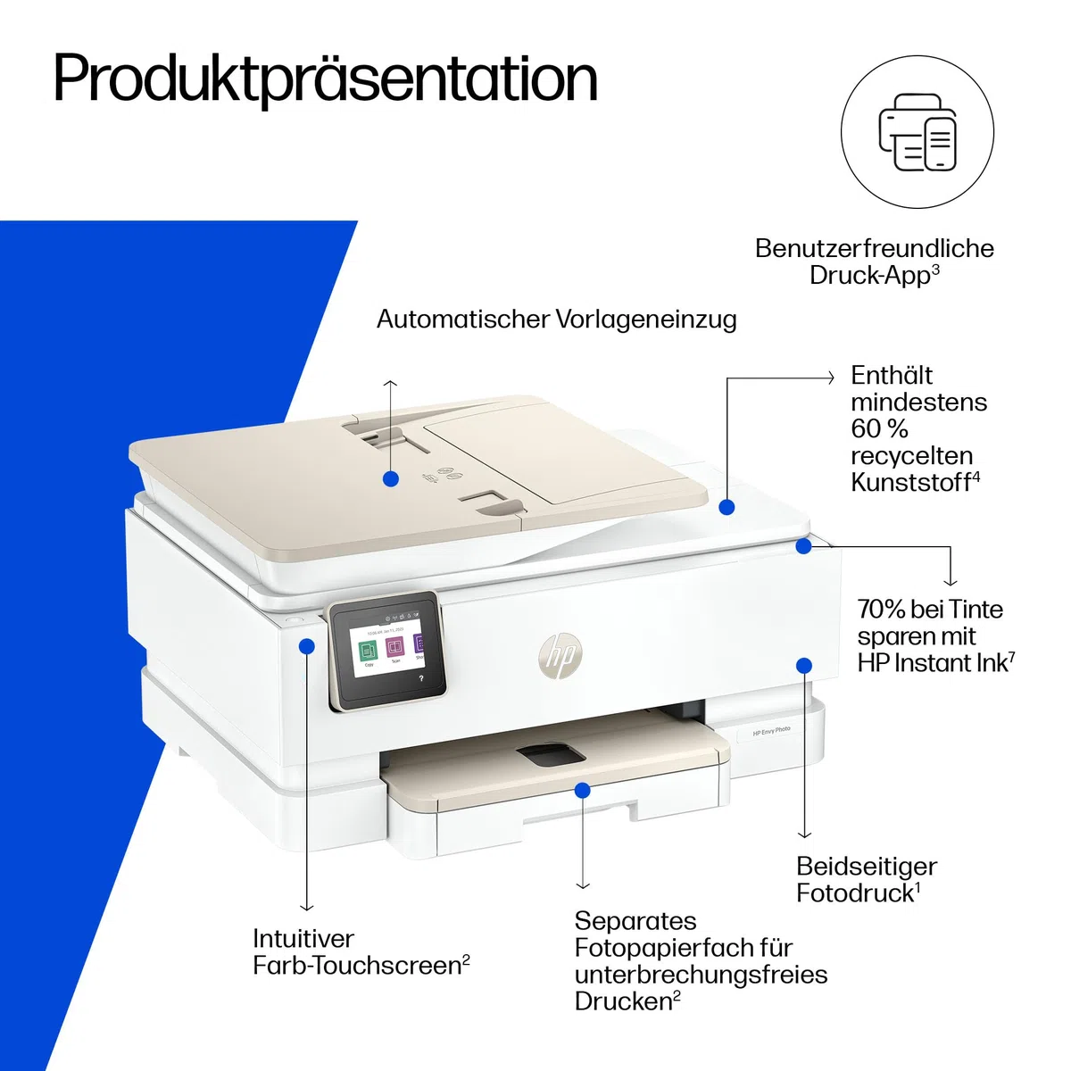 HP Envy Photo 7930 Multifunktionsdrucker, Tintenstrahldrucker, 6 Monate gratis drucken Instant Ink inklusive, Drucken, Scannen, Kopieren, Fotodruck, ADF, DIN A4, WiFi, USB