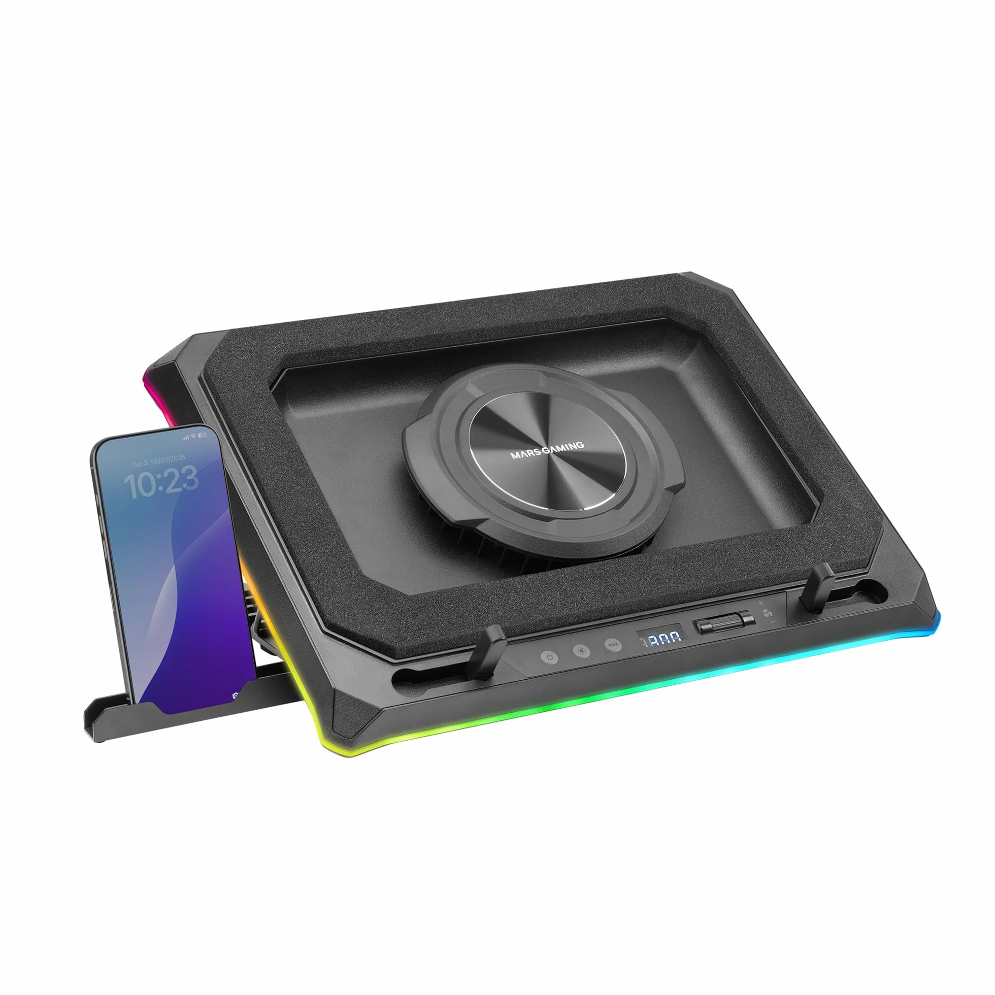 Mars Gaming MNBC-Ultra, Kühlbasis und Ständer, 140mm Lüfter, CoolCore Airflow Technologie, RGB Chroma, 5 Positionen, Kompatibel mit Laptops bis 18”, Smartphone-Halterung, 4X USB-A, Schwarz