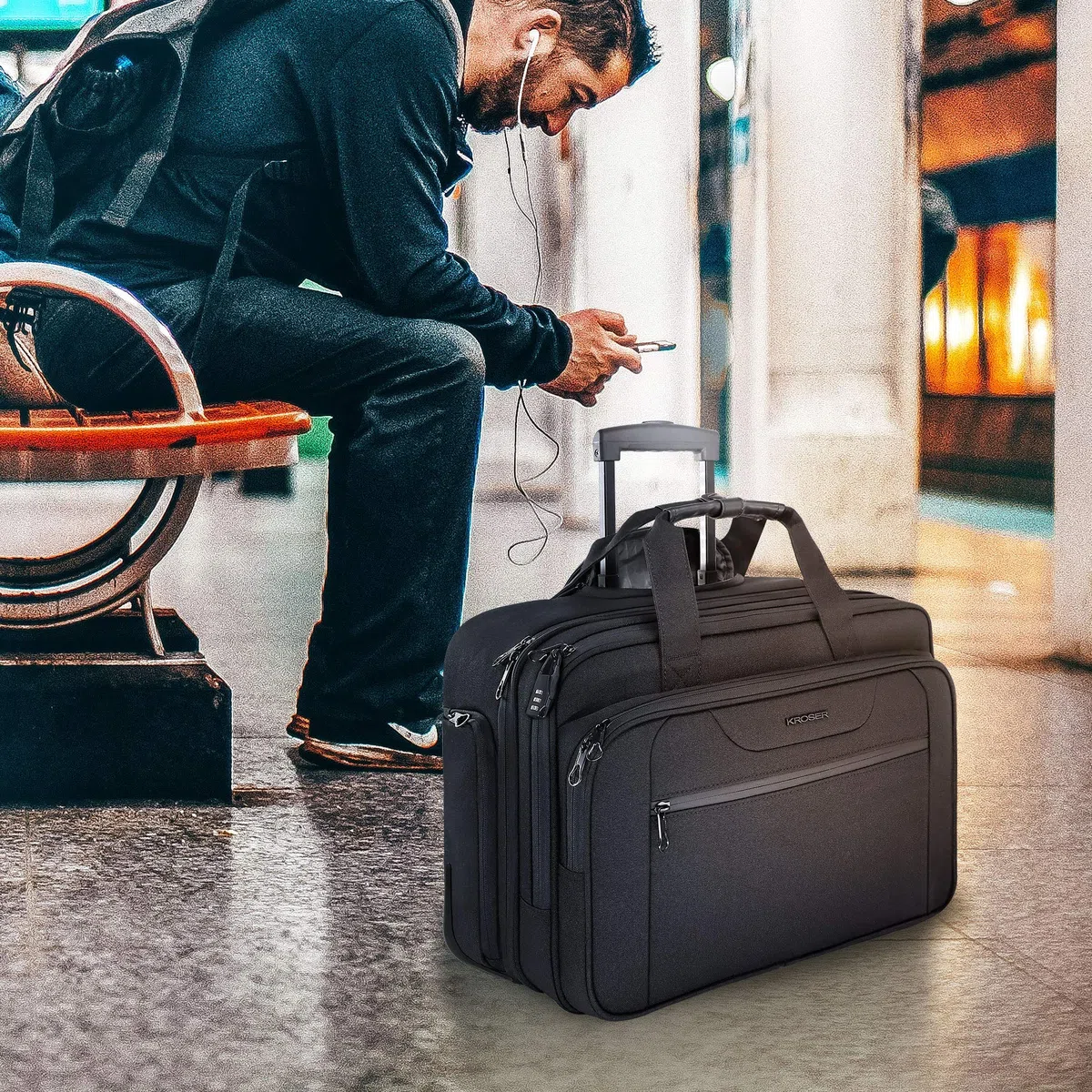 KROSER Trolley Business, Handgepäck Koffer, Rolling Case mit Rädern Bis zu 17,3 Zoll Laptop wasserdichte Übernacht-Rolltasche mit RFID-Taschen für Reisen/Schule/Männer/Frauen-Schwarz MEHRWEG
