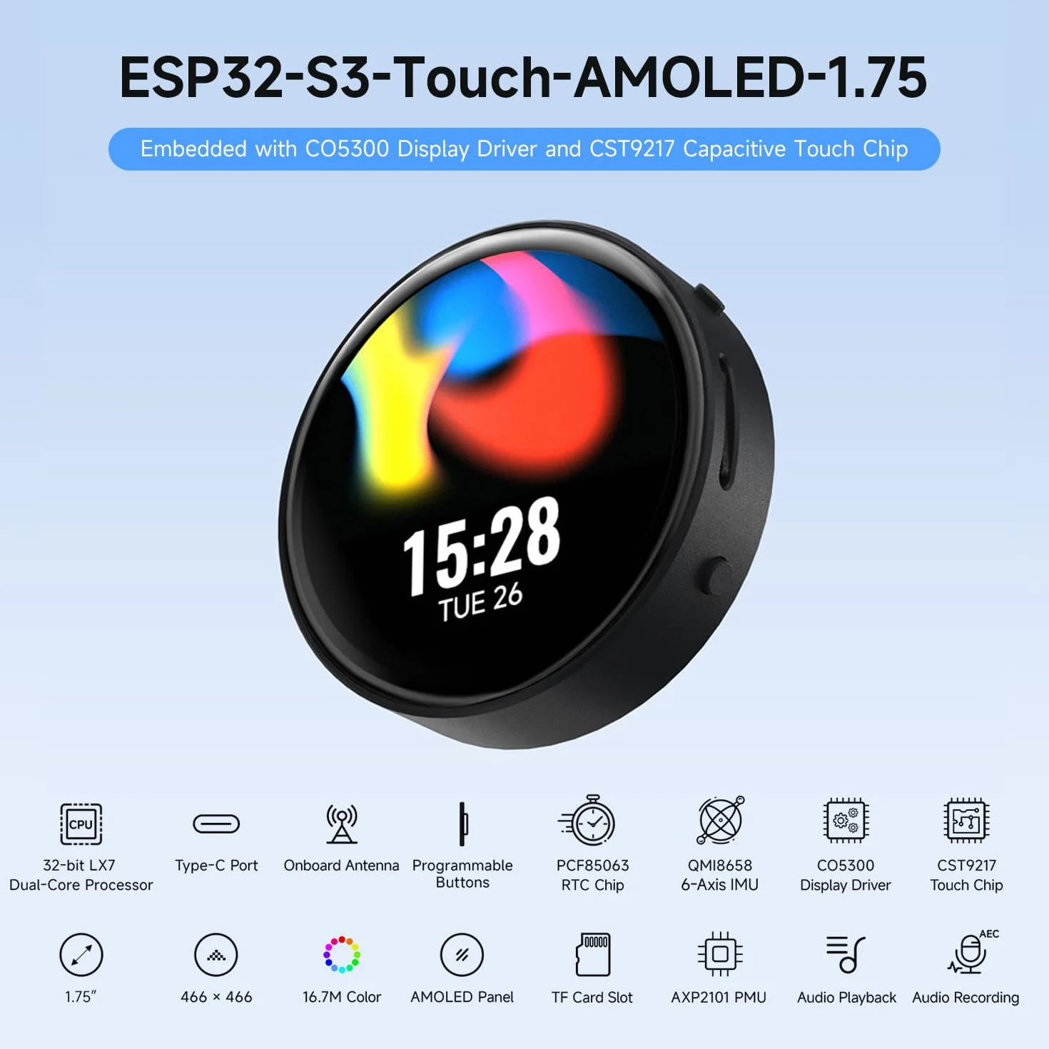 Waveshare ESP32-S3 1.75inch AMOLED Round Touch Display Development Board(Without Case & GPS), 32-Bit LX7 2-Core Processor, 466x466, QSPI Interface, Dual Digital Microphones Array, ESP32 with Display