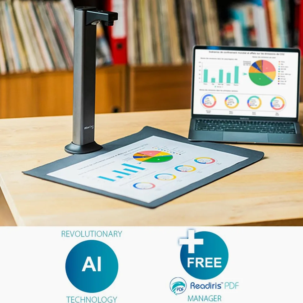 IRIScan Desk Pro 7 Buchscanner Schwarz mit 18MP Kamera und LED, scannt Bücher und A3-Dokumente mit OCR, AI-Flachlegung, Vorlesefunktion und Videoaufnahme, USB, Win & Mac, inkl. Readiris PDF