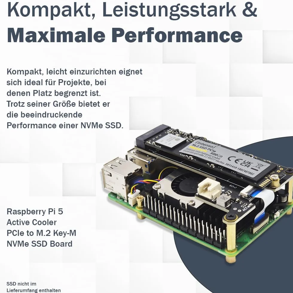 Raspberry Pi 5 8GB PCIe M.2 NVMe - Kit | Metallgehäuse | Active Cooler | M.2 NVMe SSD PCIe Board | USB-C 27W Netzteil | 4K Micro HDMI Kabel | Ideal für Home Assistant