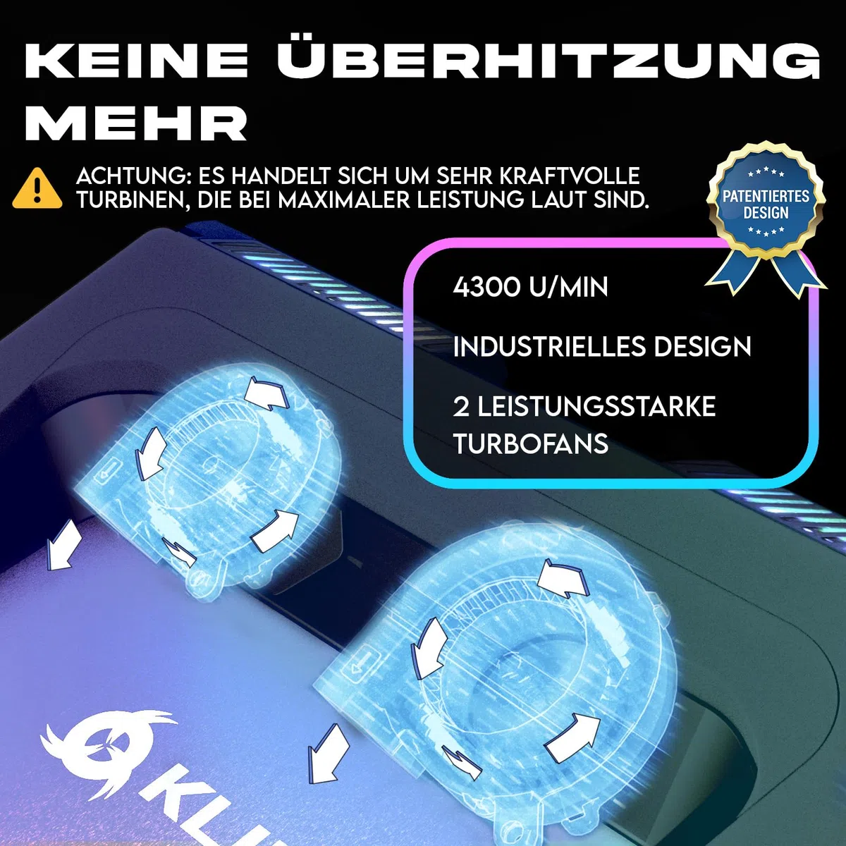 KLIM Everest Laptop Cooling Pad | Leistungsstarker Turbo-Lüfter 4300 RPM Laptop-Kühler | Versiegelter Schaumstoff für maximale Leistung | Vermeide Überhitzung | 14-17.3 Zoll