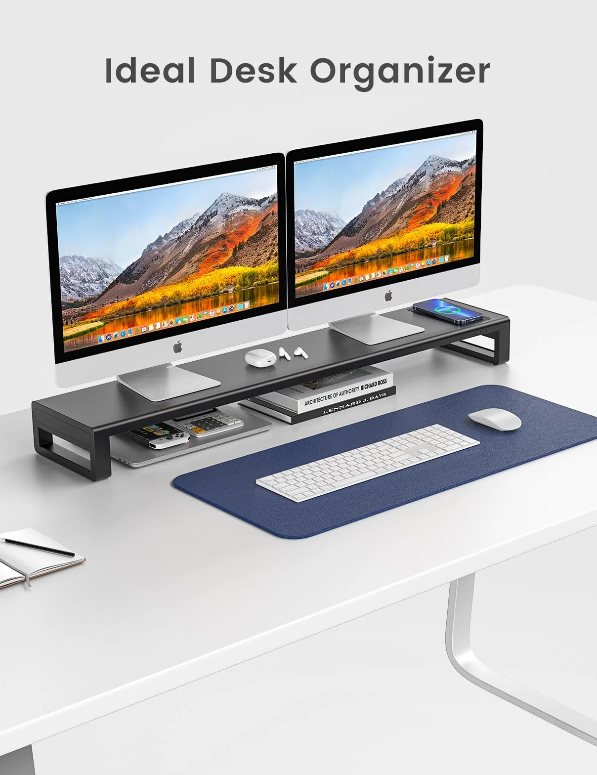 Vaydeer Dual-Monitor-Ständer mit kabelloser Aufladung und 4 USB-Hubs - Metallständer für 2 Monitore - Unterstützt bis zu 32 Zoll - für Computer, Laptop - Schwarz