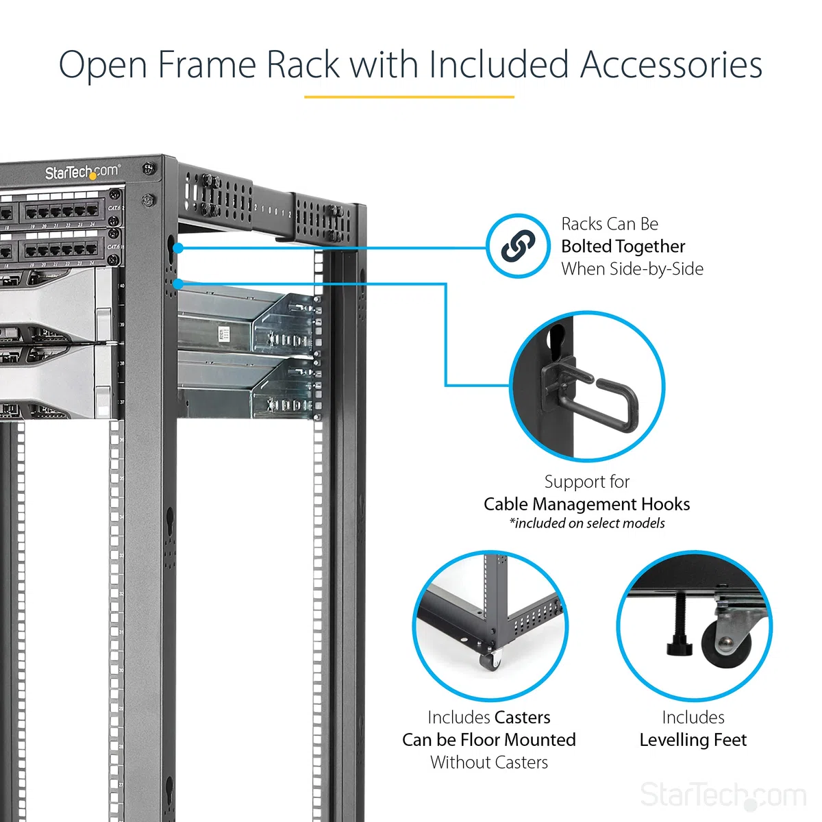 StarTech.com 4-Pfosten 42 HE Mobiles Open Frame Serverrack, 19" Netzwerk Rack mit Rädern, Rack für Computer/AV/Daten/IT Geräte - Rollen, Nivellierfüße oder Bodenmontage (4POSTRACK42)