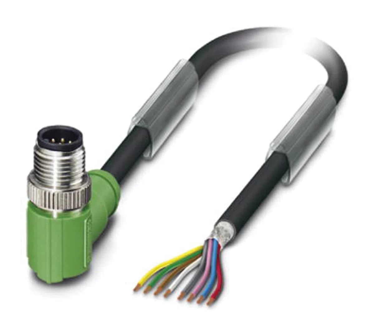 PHOENIX CONTACT SAC-8P-M12MR/1.5-PUR SH Sensor/Aktor-Kabel, 8 Polig, PUR Halogenfrei, Geschirmt, Stecker Gewinkelt M12, Kodierung A, Freies Leitungsende, 1.5m Kabellänge, Schwarzgrau