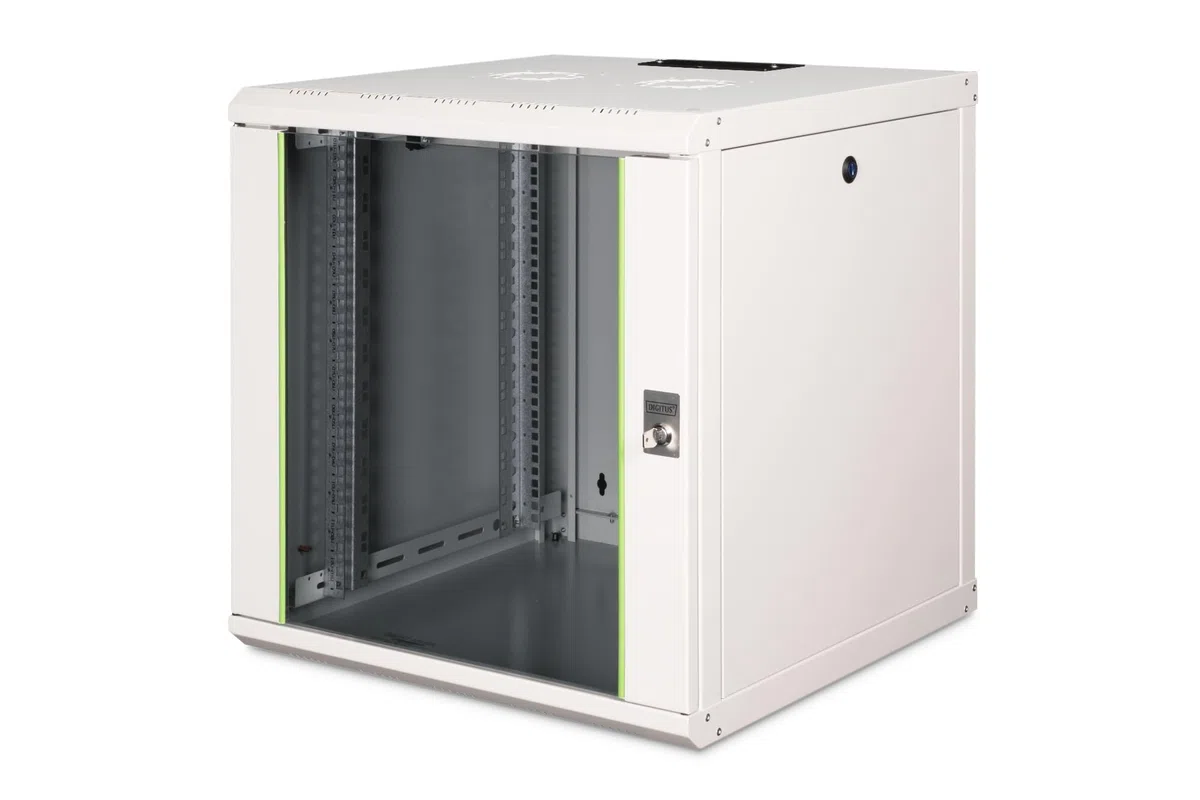 DIGITUS Netzwerk-Schrank 19 zoll 12 HE - Wandmontage - 600 mm Tiefe - Traglast 100 kg - Unique Serie - Glastür - Grau | Nutztiefe 450 mm – Wandmontage – Traglast 100 kg – Sicherheitsglastür – Schutzklasse IP20