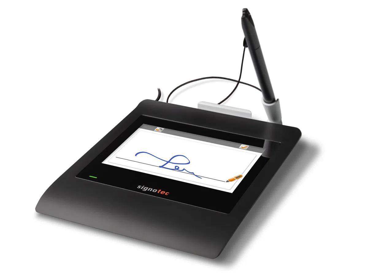 signotec Gamma Unterschriftenpad 5" Farb-LCD Hochauflösender ERT-Stiftsensor 2.048 Druckstufen 500 Hz Abtastrate RSA-Verschlüsselung USB-Anschluss