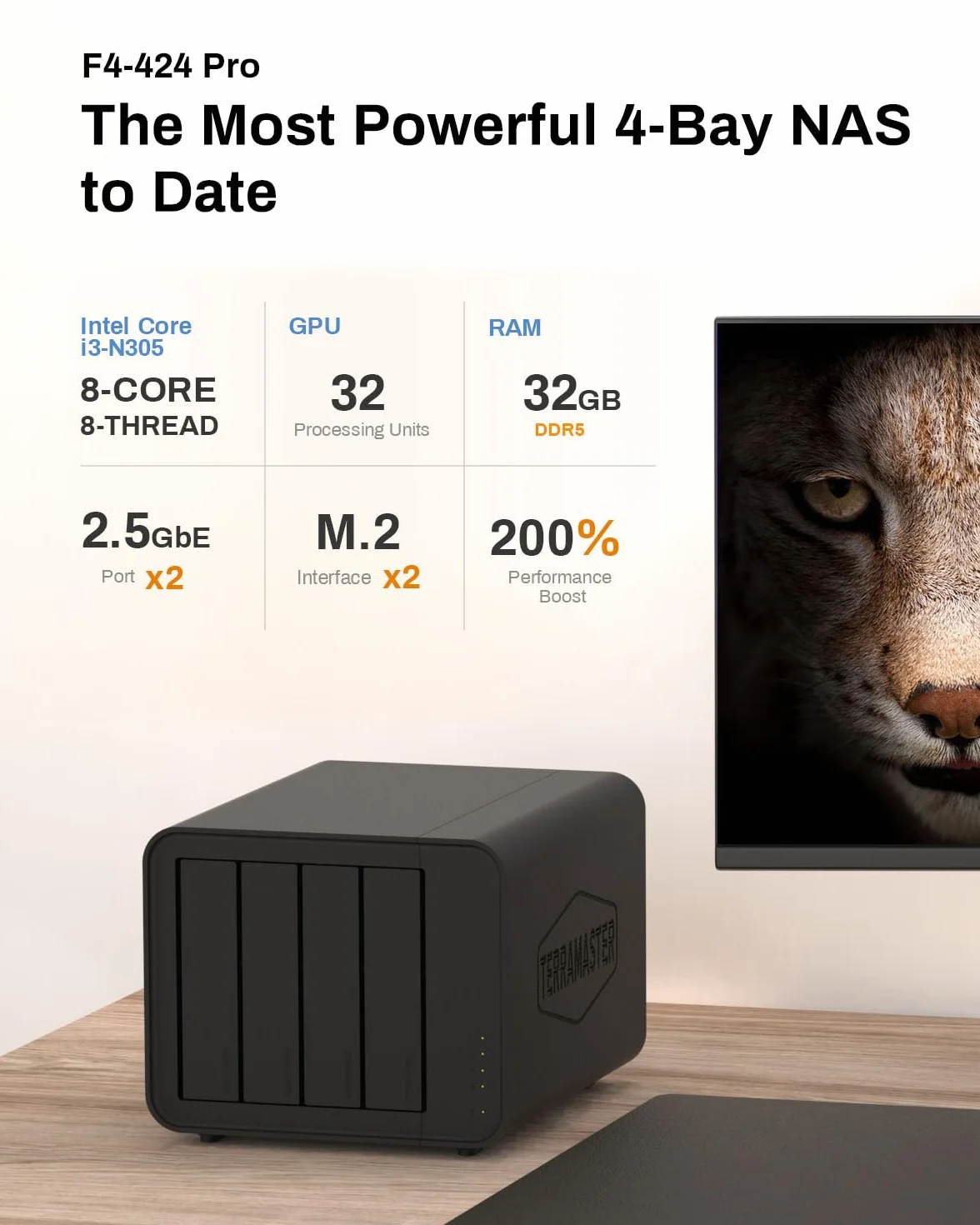 TERRAMASTER F4-424 Pro NAS Speicher - 4Bay Core i3-N305 8-Core 8-Thread CPU, 32GB DDR5 RAM, 2.5GbE Port x 2, Network Attached Storage Spitzenleistung für Unternehmen (Diskless)