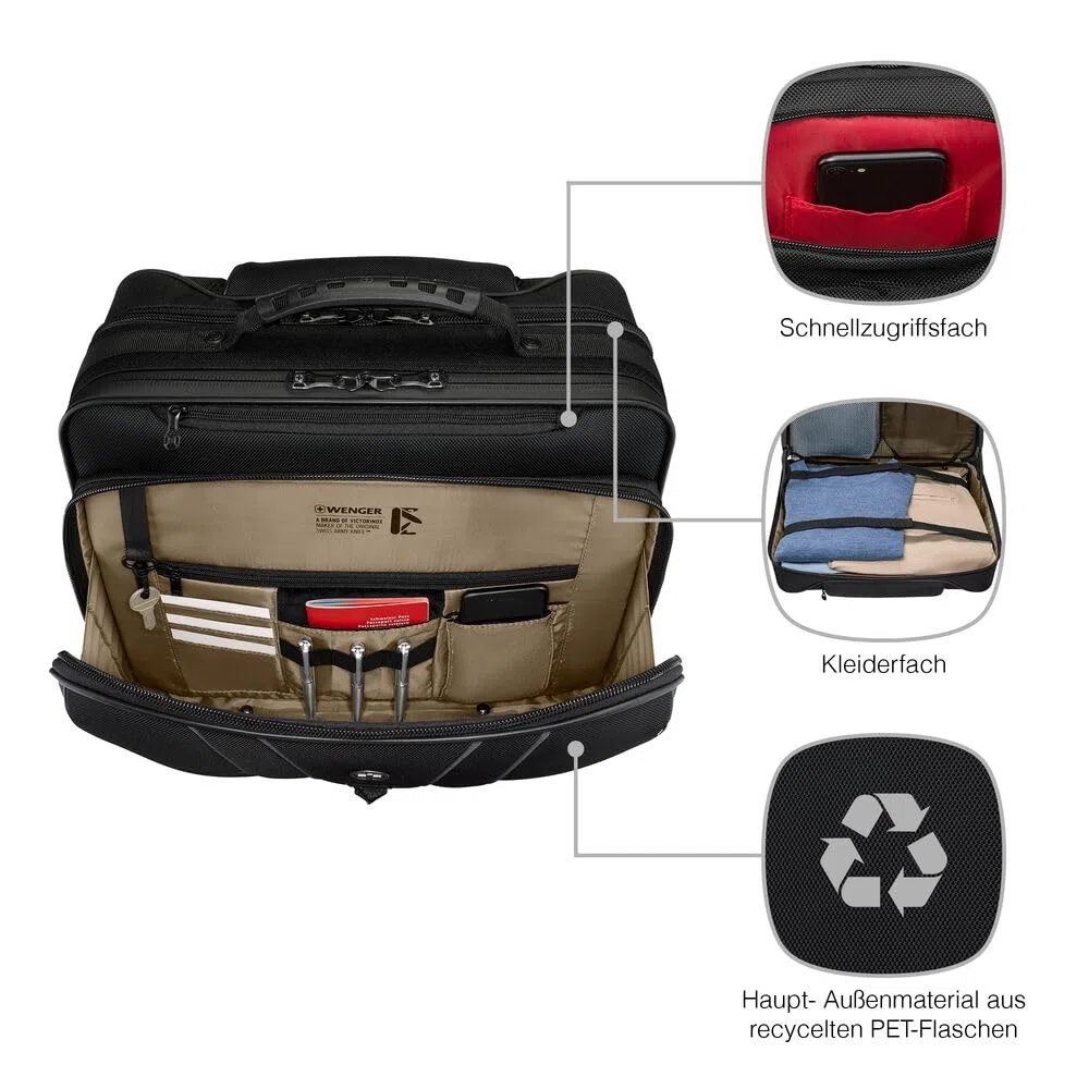 WENGER Legacy Black Series Aktenkoffer, Laptop-Tasche zum Rollen, Trolley, Notebook bis 15,6 Zoll, 29 l, Büro Business Uni Schule, Schwarz, 653631