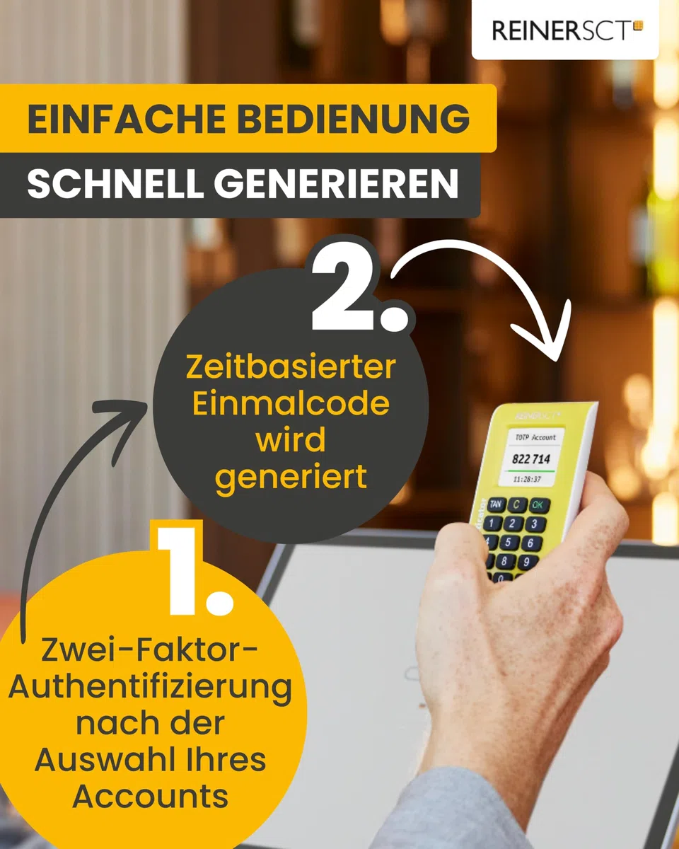 REINER SCT Authenticator I TOTP-Generator für Zwei-Faktor-Authentifizierung I kompakt & tragbar I Sicherheitsschlüssel zur sicheren Anmeldung bei Online-Diensten & Kryptobörsen