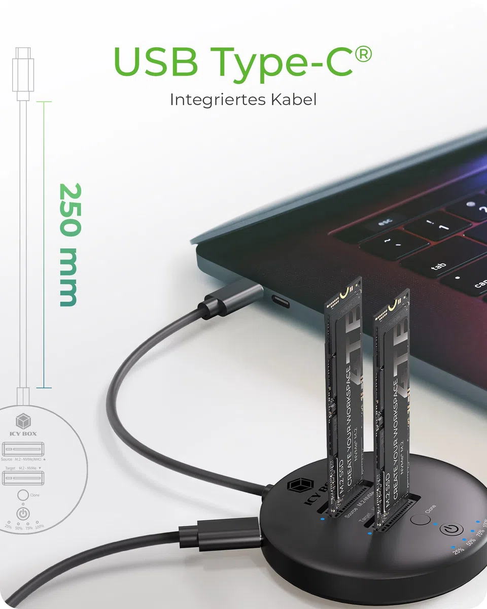 ICY Box M.2 NVMe SSD Klon- und DockingStation, USB-C 3.1 Gen 2, bis 10 Gbit/s, Dual Bay, Autarkes Klonen ohne PC, für 22x30/42/60/80/110 mm SSDs, IB-1612MCL-C31