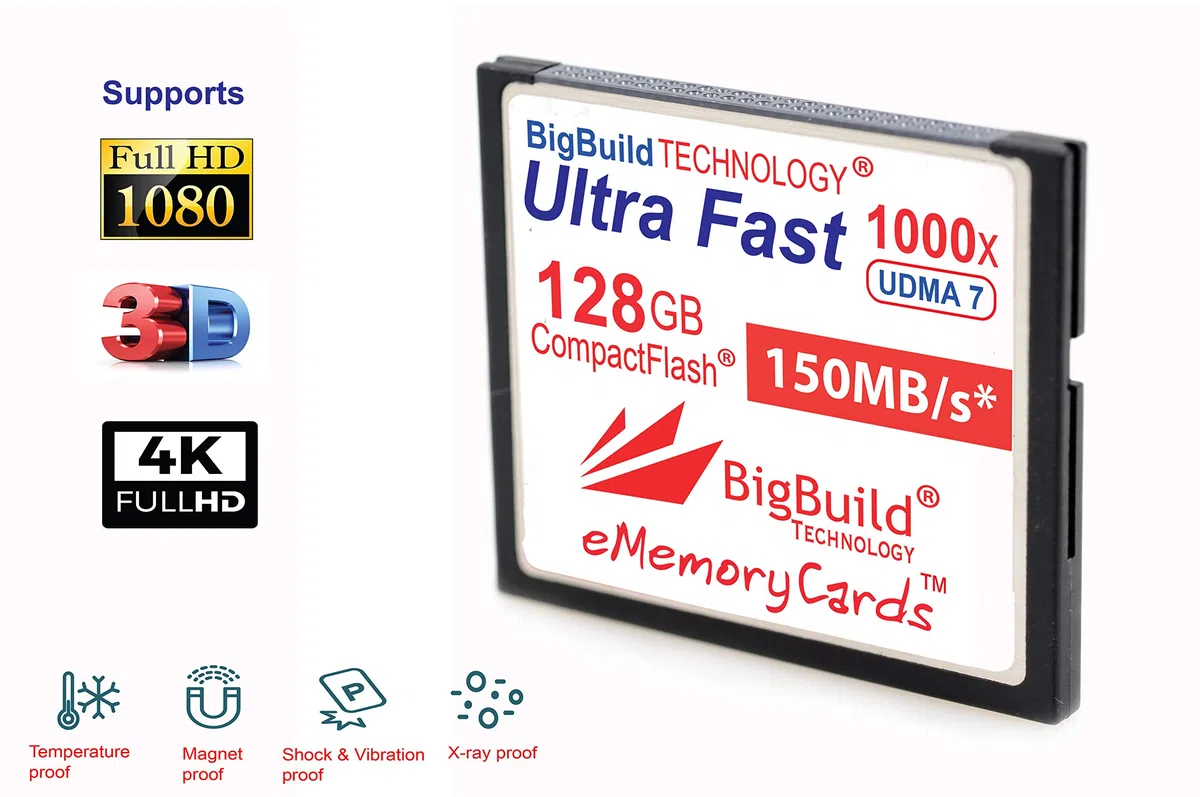 eMemoryCards 128GB Ultra Fast 150MB/s CompactFlash Speicherkarte kompatibel mit Canon 10D/20D/30D/40D/50D/1D/1Ds/5Ds/7D Mark I/II/III/IV, Nikon D, Olympus E, Sony Alpha, Leica S Kameras