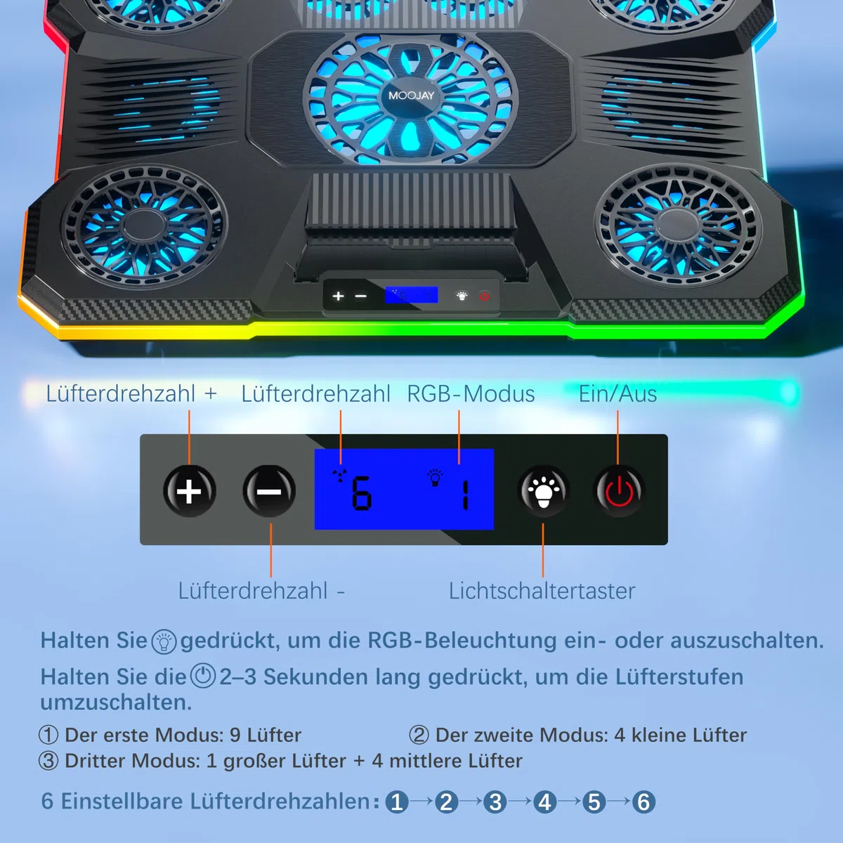 Laptop-Kühlpad MOOJAY mit 9 Leisen Lüftern für 14–19-Zoll-Notebooks, Gaming-Kühlständer mit 6 Einstellbaren Lüftergeschwindigkeiten, 10 RGB-Lichtmodi, 2 USB-Anschlüssen und Handyhalter
