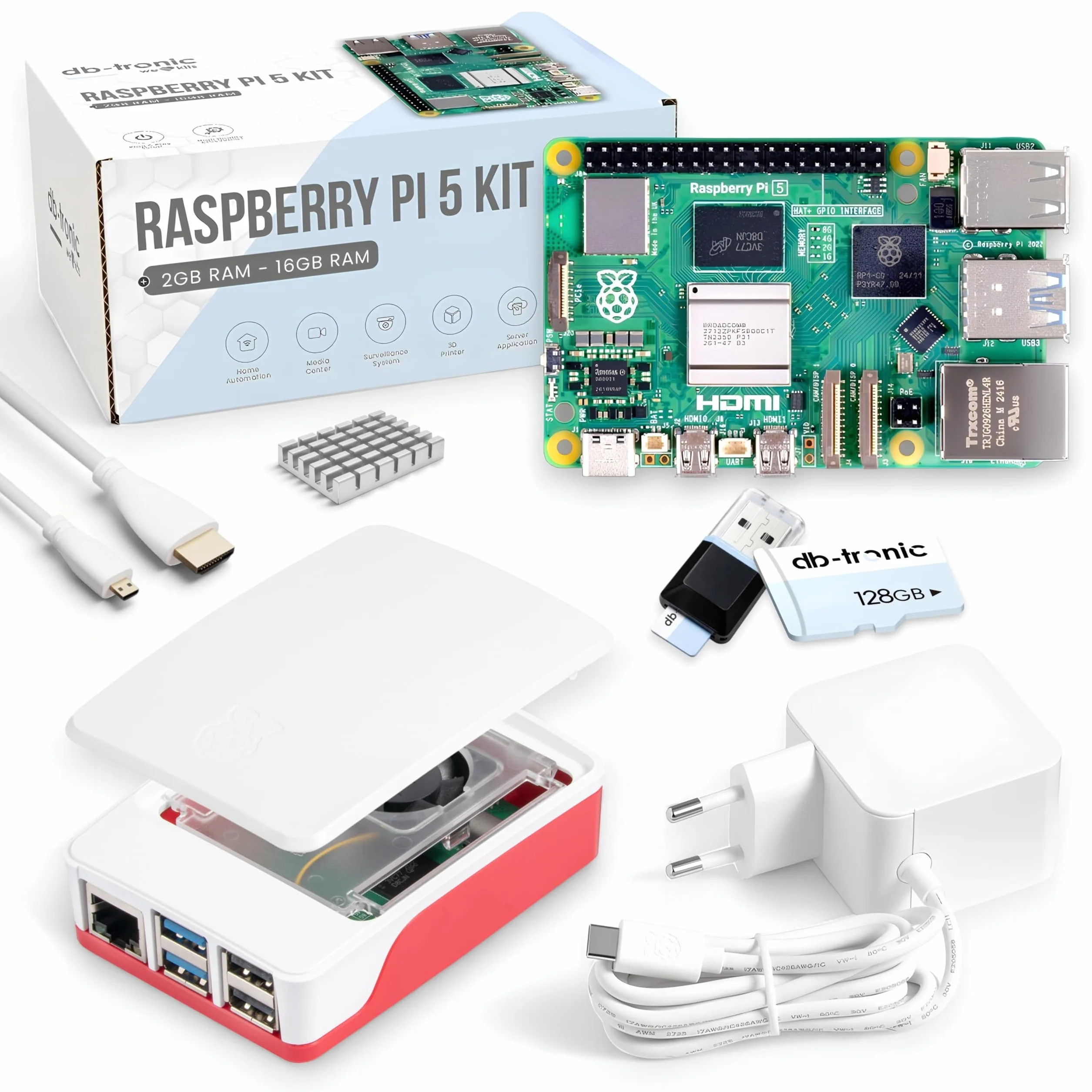Raspberry Pi 5 8GB Starter Set 128GB Edition Netzteil 27W Gehäuse mit Lüfter 4K Micro HDMI Kabel