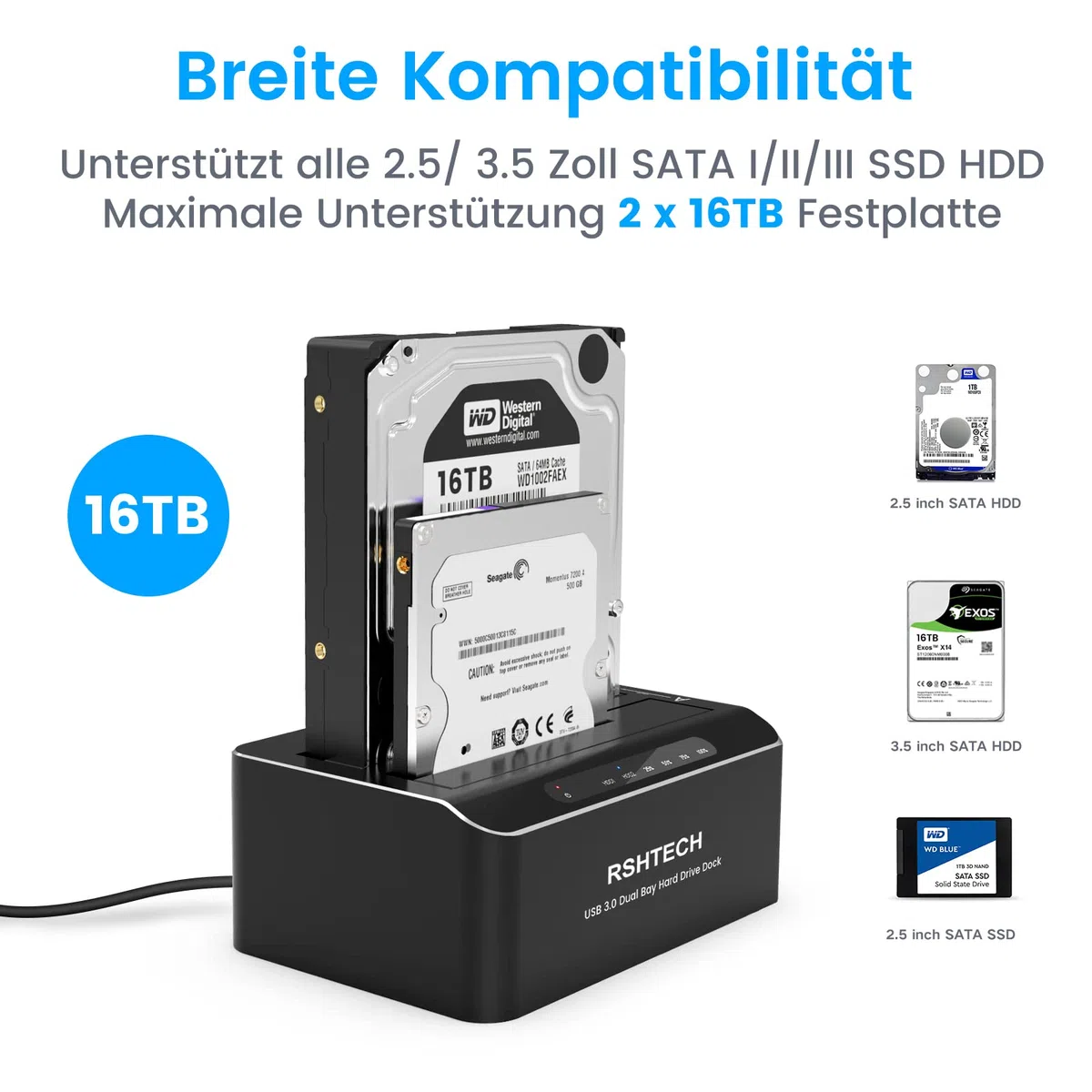 RSHTECH Dualschacht Festplatten Docking Station, USB 3.0 Aluminium Festplatten Dockingstation Offline-Klonen für 2,5 & 3,5 Zoll SATA HDD SSD, unterstützt 2 x 24TB Laufwerke, Werkzeuglose (RSH-DS01)