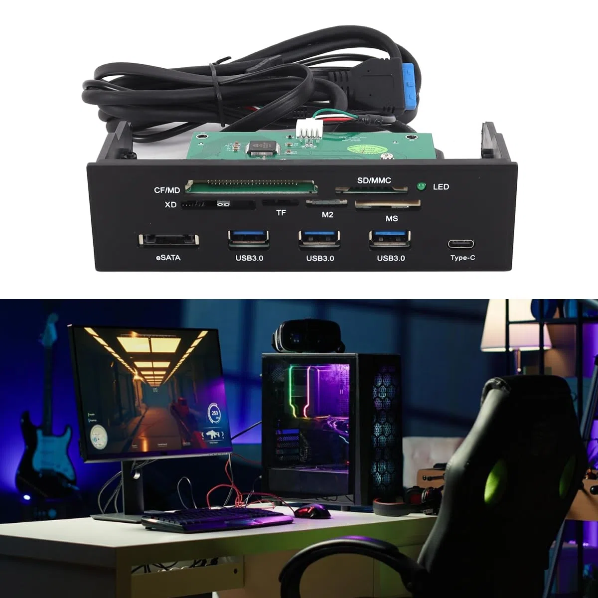 Interner Kartenleser an der Vorderseite, 5,25-Zoll-Multifunktions-Kartenleser-Dashboard, unterstützt USB 3.0, USB 3.1, eSATA M.2 + SD, MS, XD, CF, TF