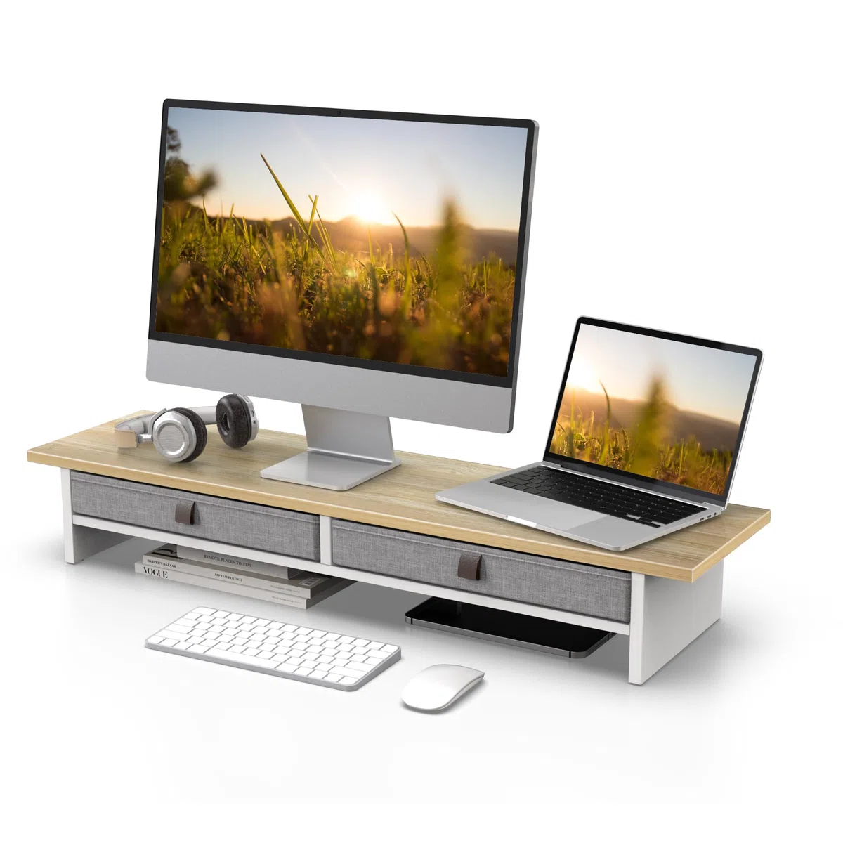 Fenge Dual Monitorständer Riser 2 Etagen Computer Monitor Ständer mit Schublade für PC Laptop Drucker TV, 90x23,5x14,2cm Tragfähigkeit 25KG (Eiche)