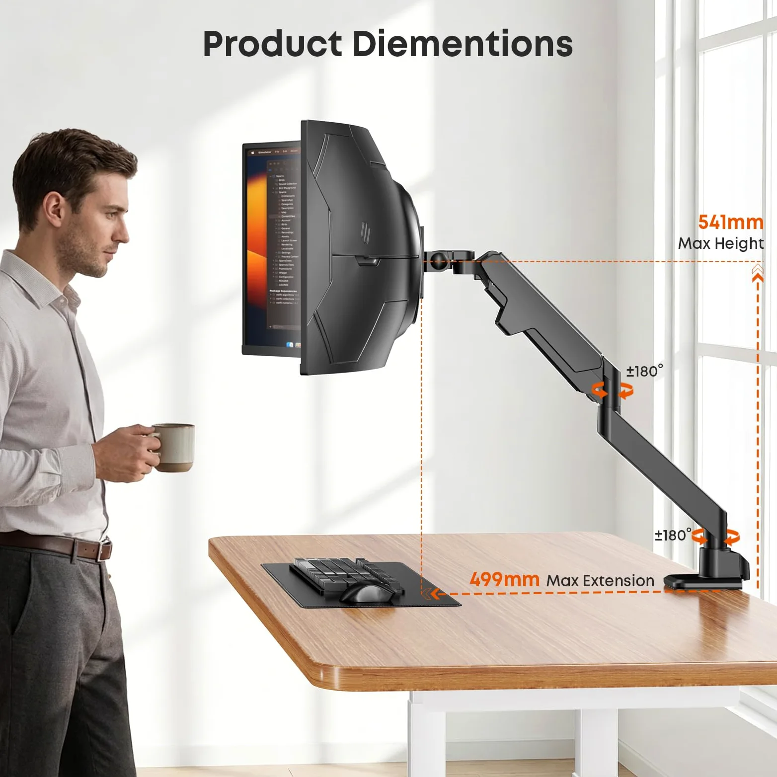 Monitor Halterung 17-49 Zoll für Flat/Curved Monitor, Premium Aluminium Bildschirmhalterung, Neigbar & Schwenkbar, VESA 75/100 mm, Max 20 KG, Ergonomischer Monitor Arm, Schwarz