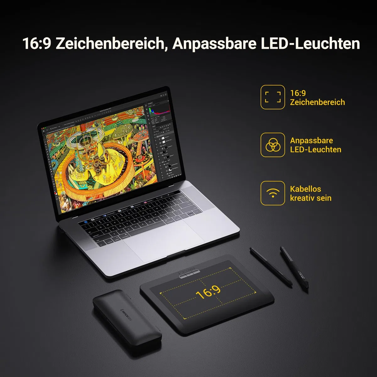 Xencelabs Pen Tablet Small Grafiktablett Wireless Professionelle Zeichentablett Ultradünnes Tragbares Stifttablett mit 2 Stiften 16:9 Zeichenpad Drawing Tablet für Windows-ARM/Windows/Mac/Linux