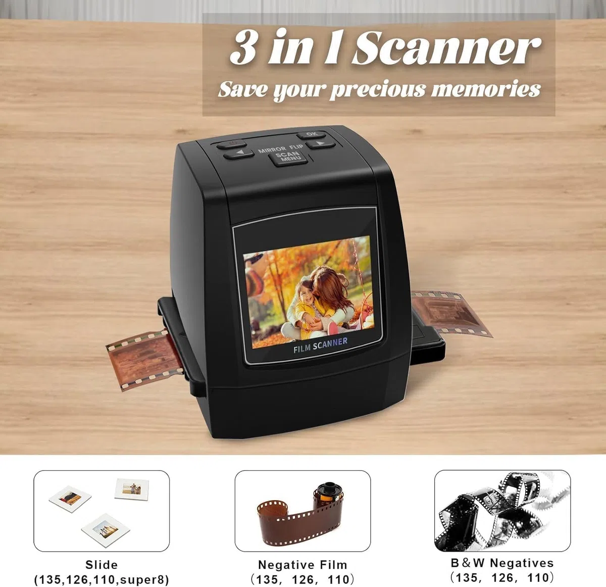 Digital Film Scanner 35mm 126 110 Super 8 8mm Negativscanner Diascanner 2,4" LCD-Display JPEG