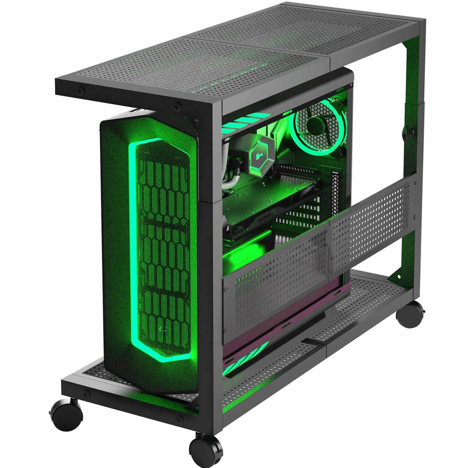 Moricher Computer-Tower-Ständer – höhenverstellbarer 2-stöckiger ATX-Gehäuse-Ständer, PC-Ständer für Bodendrucker, Stecktafel mit rollenden Rädern und Mauspad für Heimbüro
