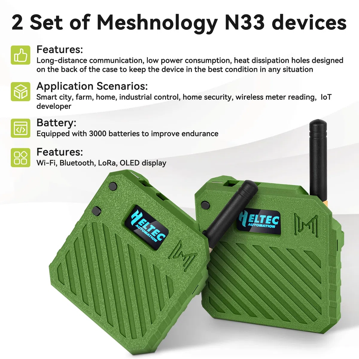 2Pack ESP32 LoRa V3 Entwicklungsboard + 3,7 V 3000 mAh Akku + Gehäuseset – mit 863-928 MHz Meshtastic Antenne und SMA Unterstützt WLAN/Bluetooth LoRa V3 Geräte für AR duino LoRawan IoT (N33,Grün)