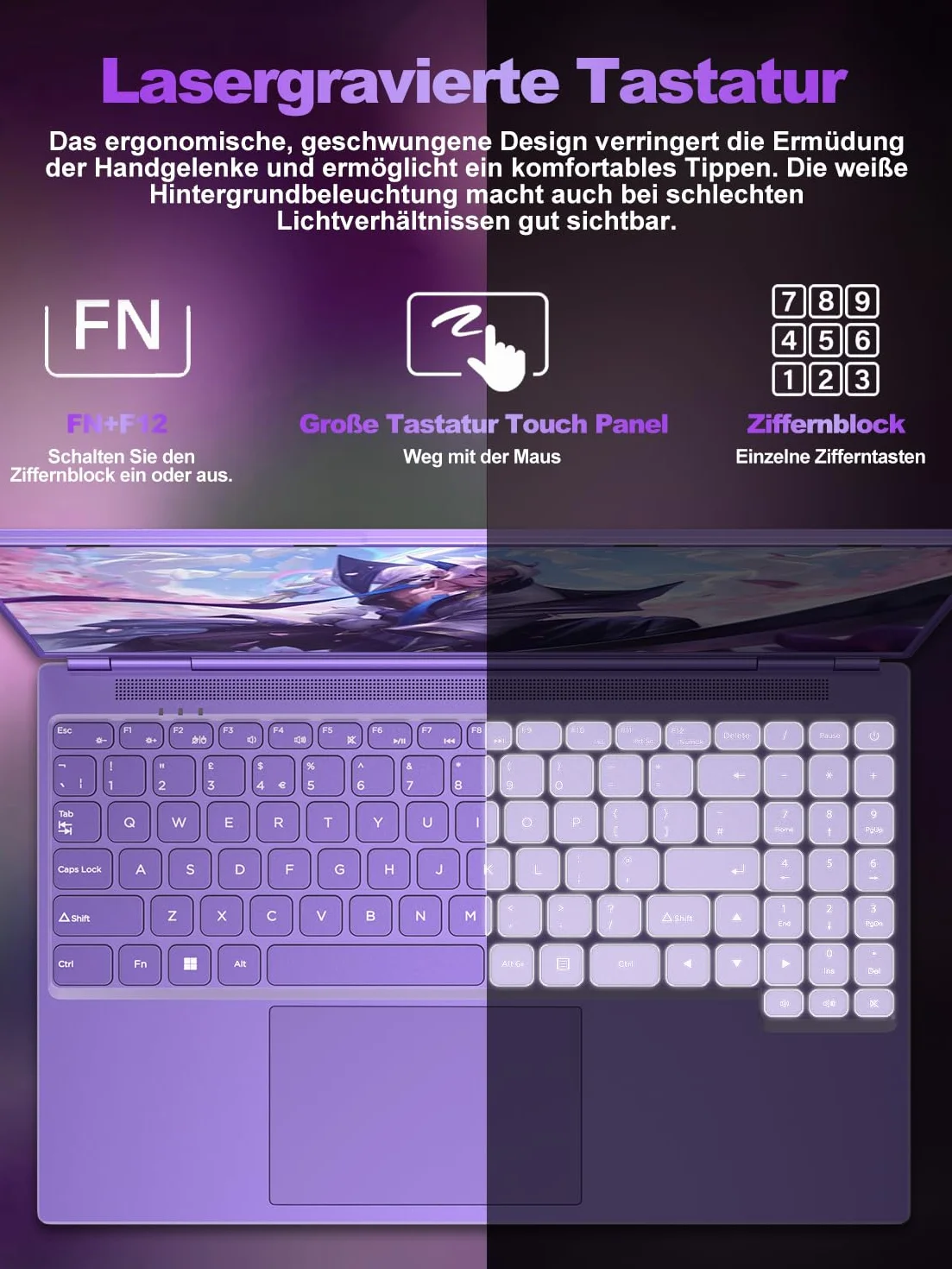 Gaming Laptop 16 Zoll Win11 12+512GB SSD Unterstützung 2TB(HDD-2TB) 1920x1200 Notebook 4-Core Celeron N5095 (bis 2.9GHz) Laptop mit Nummerntastatur WiFi Mini HDMI Deutscher Tastaturschutz-Lila
