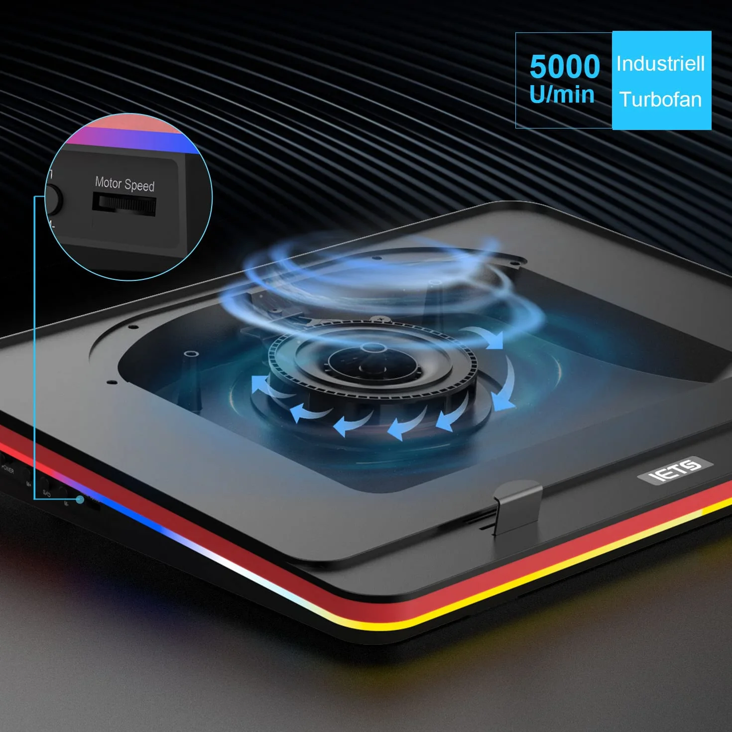 IETS GT500 Stark Turbo-Fan (5000 U/min) RGB-Laptop-Kühlpad mit stufenloser Geschwindigkeit, Dichtungsschaum für schnell abkühlende Gaming-Laptop, 13-17,3 Zoll Kühler mit 3-Port-USB-Hub