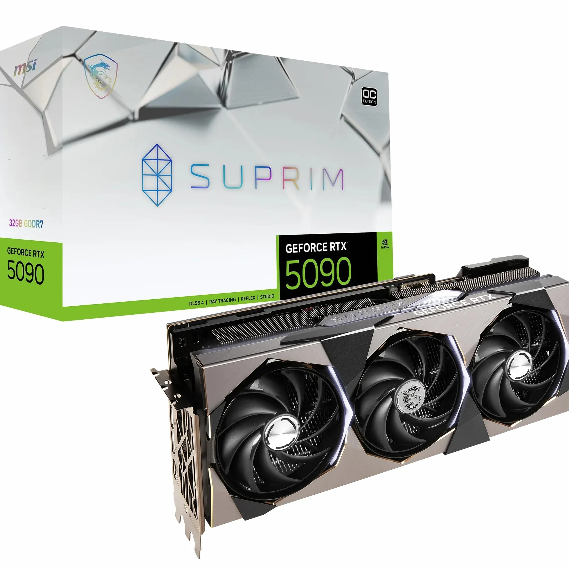 MSI GeForce RTX 5090 32G SUPRIM SOC — 32GB GDDR7 (28Gbps/512-bit), PCIe 5, Boost: 2565 MHz, HDMI 2.1b, DisplayPort 2.1b