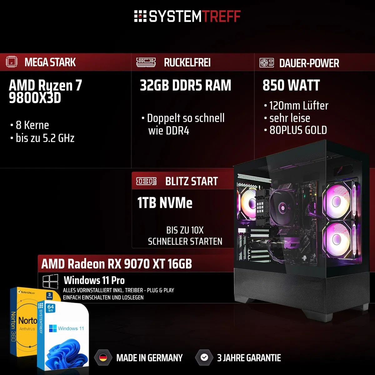 SYSTEMTREFF High-End Gaming PC AMD Ryzen 7 9800X3D 8x5.2GHz | AMD Radeon RX 9070 XT 16GB DX12 | 1TB M.2 NVMe | 32GB DDR5 RAM | Windows 11 | WLAN Desktop Computer Rechner für Gamer, Zocker & Streamer
