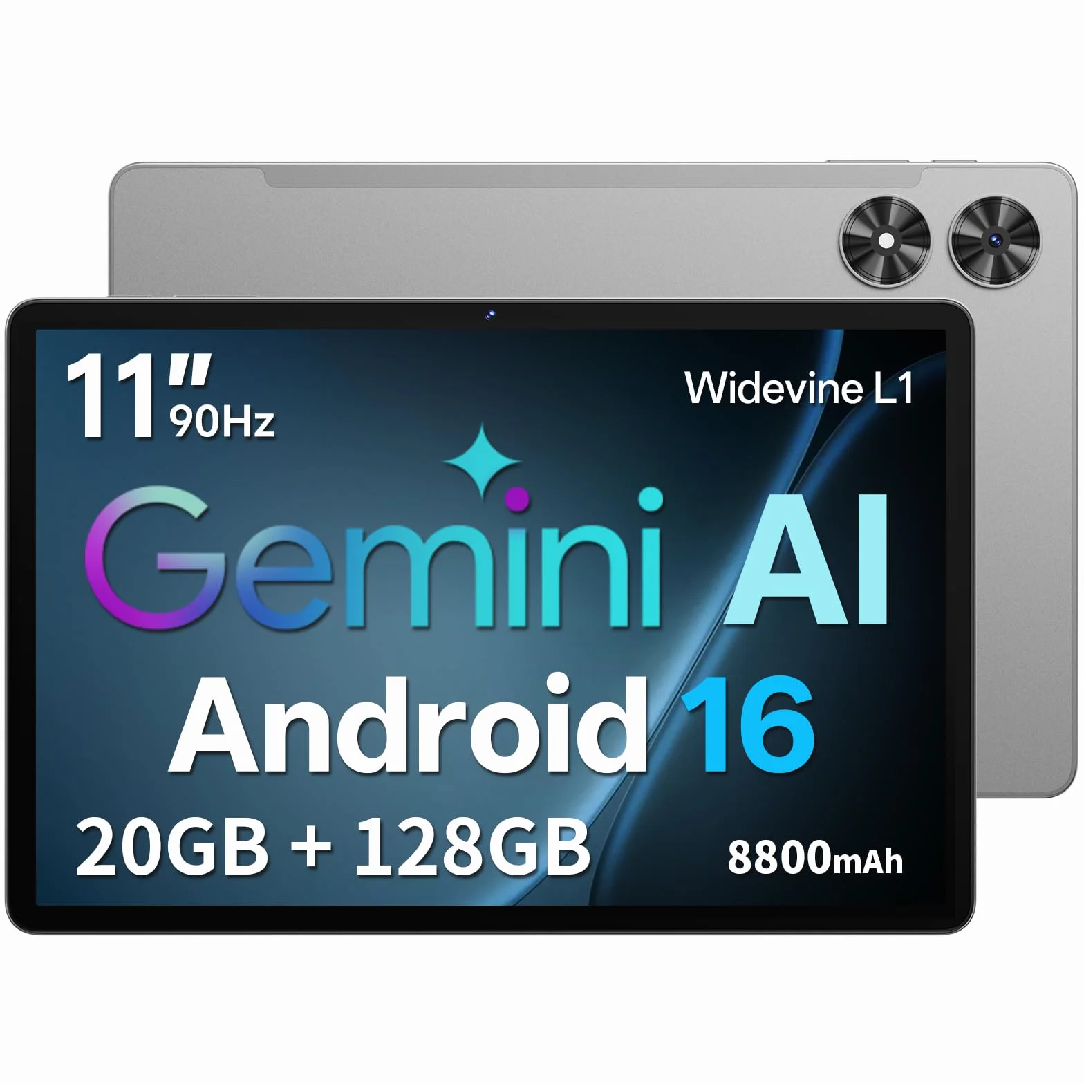 Tablet 11 Zoll mit Hülle, Android 16 System mit Gemini AI, 20GB RAM + 128GB ROM (erweiterbar auf 1TB), 90Hz Display, Unisoc T7250 Octa Core, 13MP + 8MP Kamera, Face ID, Widevine L1, 8800mAh, GPS