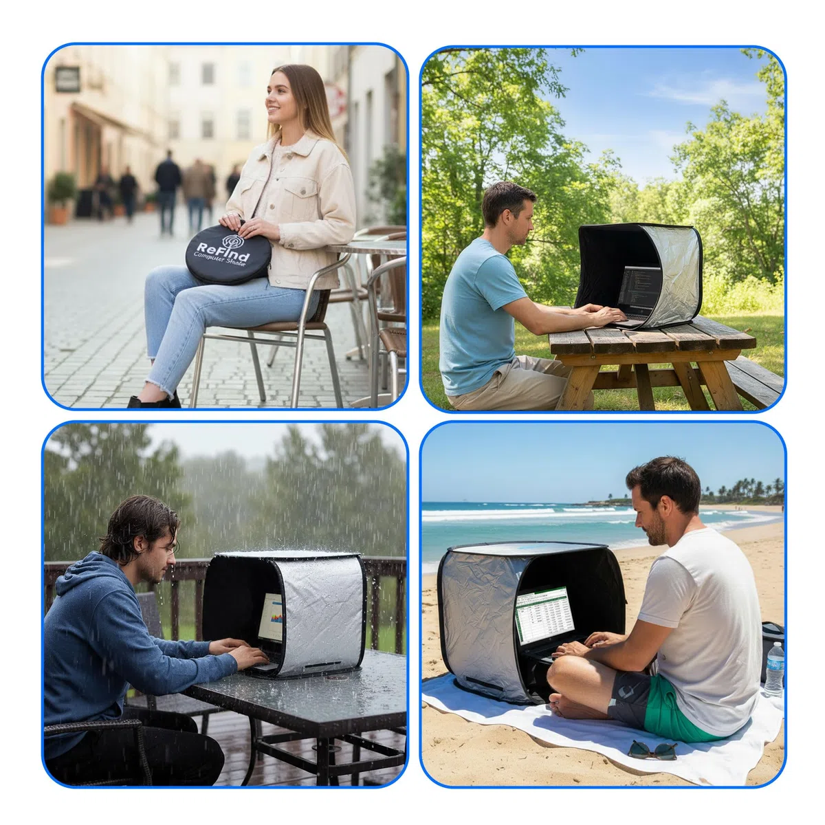 ReFind Sonnenschutz für Laptop - Blendschutz für Arbeit im Freien. Mit Sichtschutz, Hitzeschutz und Wetterschutz. Laptop-Haube geeignet für Laptop, iPhone, Tablet, iPad.