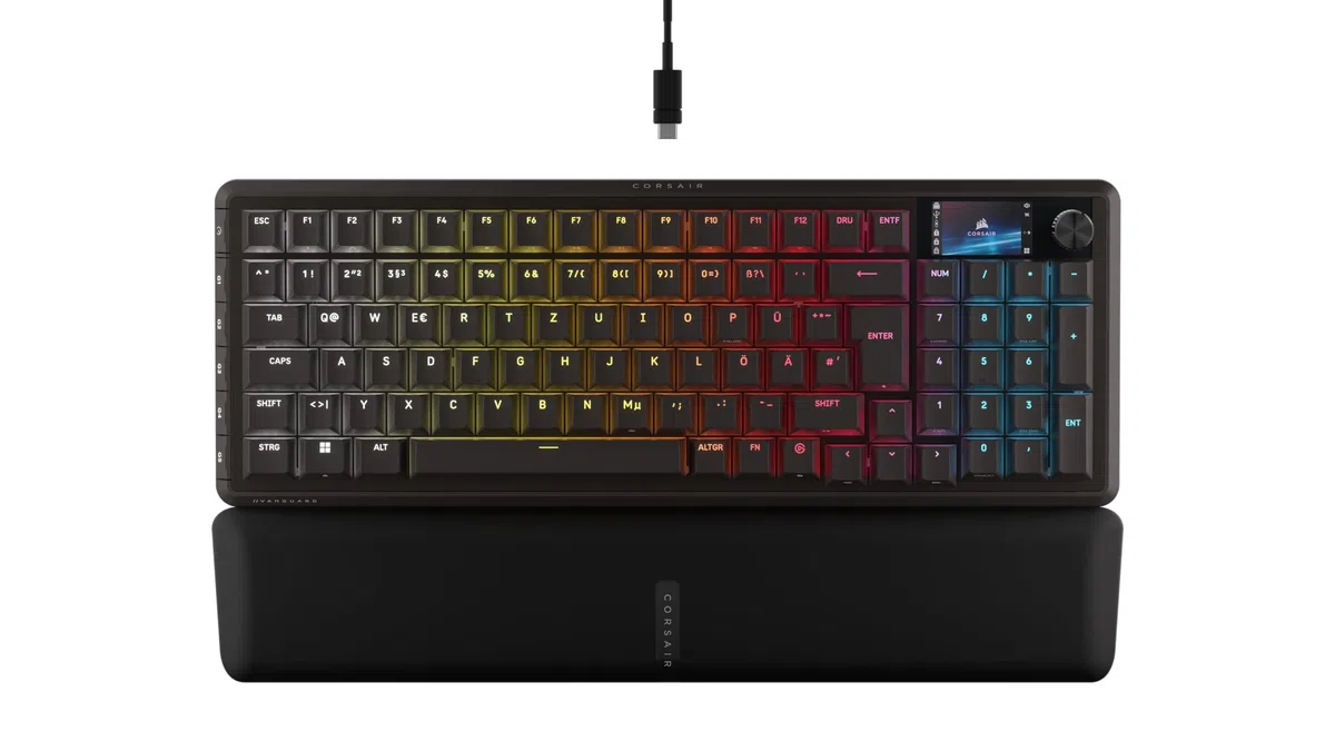 Corsair Vanguard 96 Kabelgebundene Mechanische Gaming-Tastatur – Schwarz | QWERTZ DE, 96% Layout, MLX Plasma-Linearschalter, 8000Hz-Polling, LCD-Display, Virtual Stream Deck, G-Tasten, SOCD Flashtap