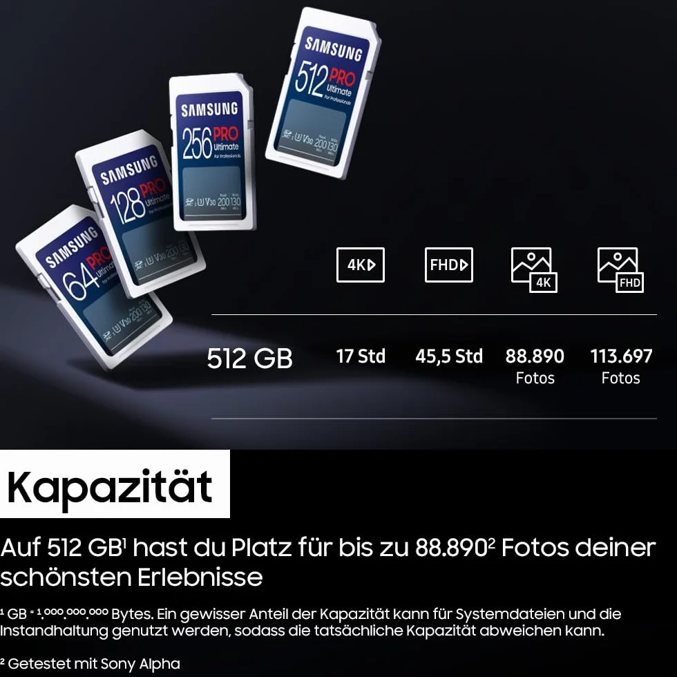 Samsung PRO Ultimate SD-Karte, 256 GB, UHS-I U3, Full HD & 4K UHD, 200 MB/s Lesen, 130 MB/s Schreiben, Speicherkarte für Kamera, PC, Drohne oder Action-Cam, Inkl. USB-Kartenleser, MB-SY256SB/WW