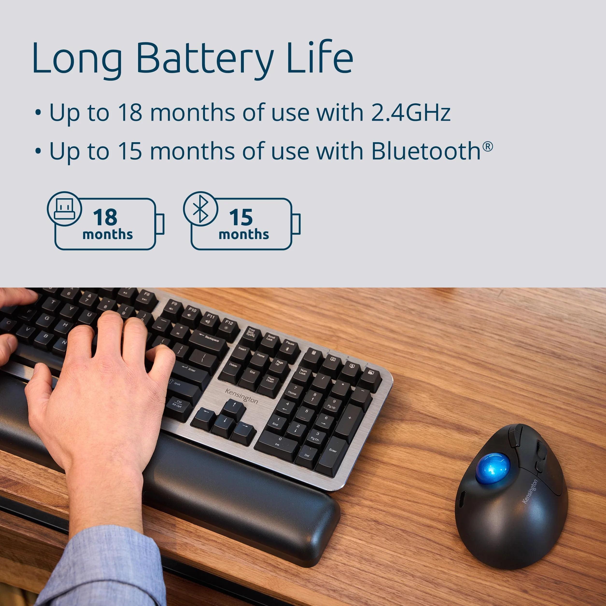 Kensington Pro Fit Ergo TB450 Trackball-Maus, kabellose Bluetooth Maus, bis zu 18 Monate Batterielebensdauer, ergonomischer 34-mm-Trackball, aus bis zu 50% recyceltem Kunststoff (K72194WW)