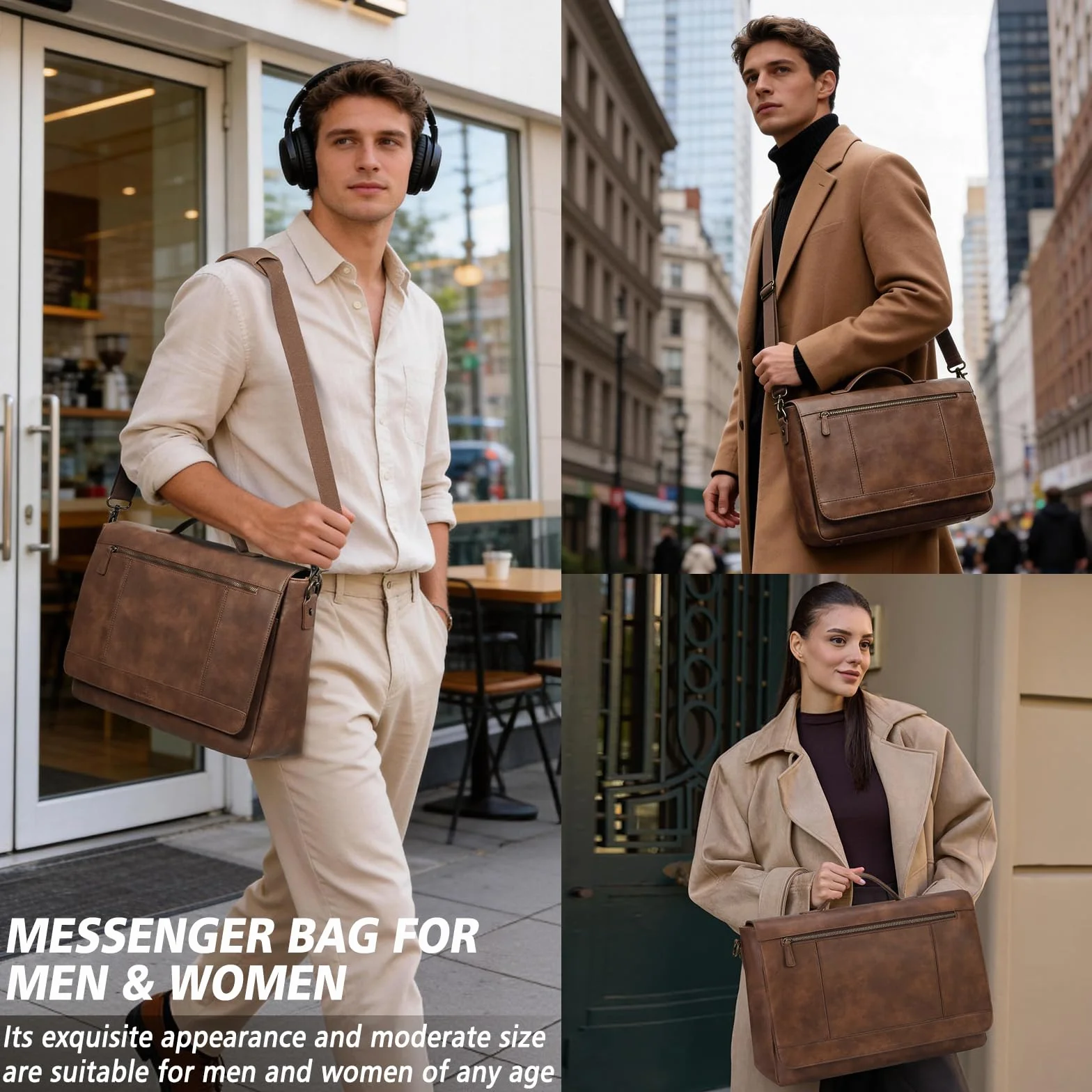 RAINSMORE Aktentasche Herren PU Leder Wasserdichte Umhängetasche Laptoptasche 15,6 Zoll Vintage Groß Arbeitstasche Messenger Bag Schultertasche für Arbeit Büro Uni Schule
