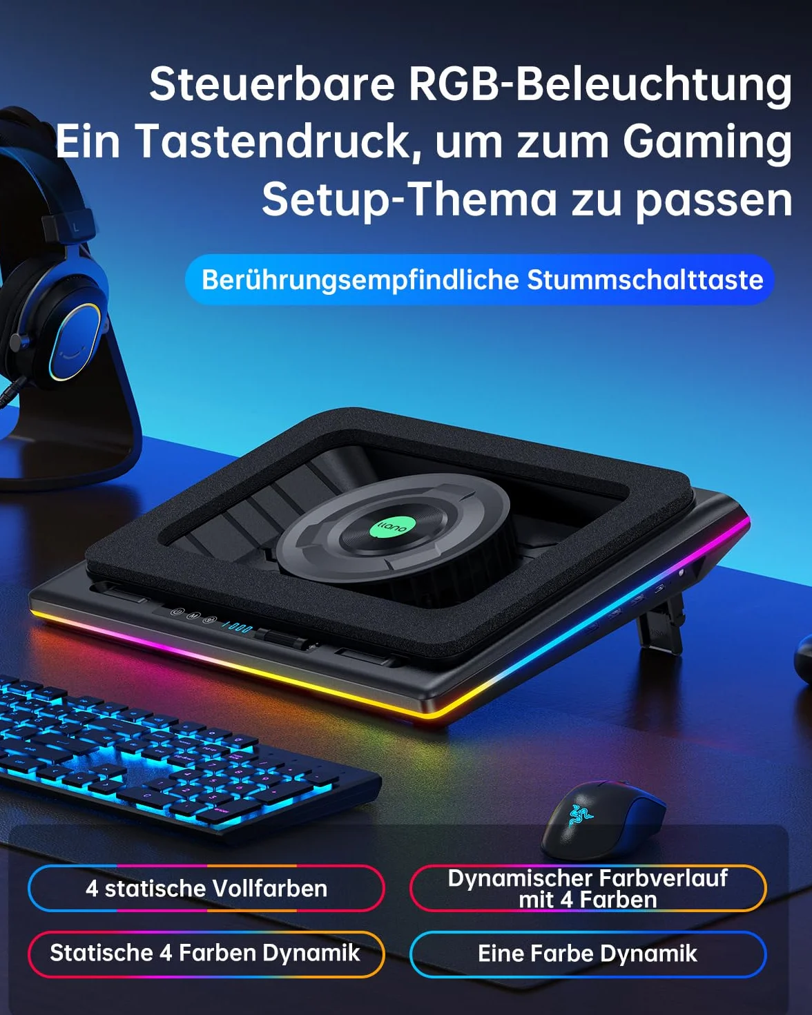 llano RGB Gaming Laptop Kühler Kühlpad mit Touch-Bedienung stufenloser Geschwindigkeit &14cm Extra-groß Leistungsstarker Turbo-Lüfter Dichtungsschaum 3-Port-USB-Hub für 15-19 Zoll Notebook