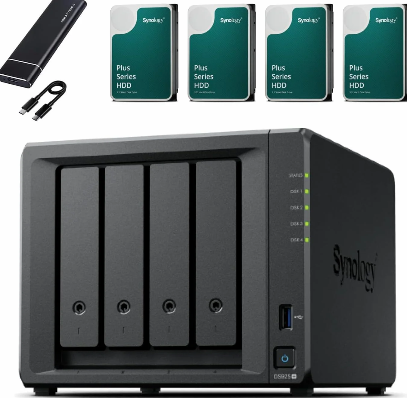 Synology DS925+ NAS-Server-Bundle 4 Schächte (8 GB RAM, 32 TB HDD) – 4 x 8 TB Synology NAS HDDs, Hochleistungs-Desktop-Netzwerkspeichergerät – Inklusive externer 512 GB SSD für Backup