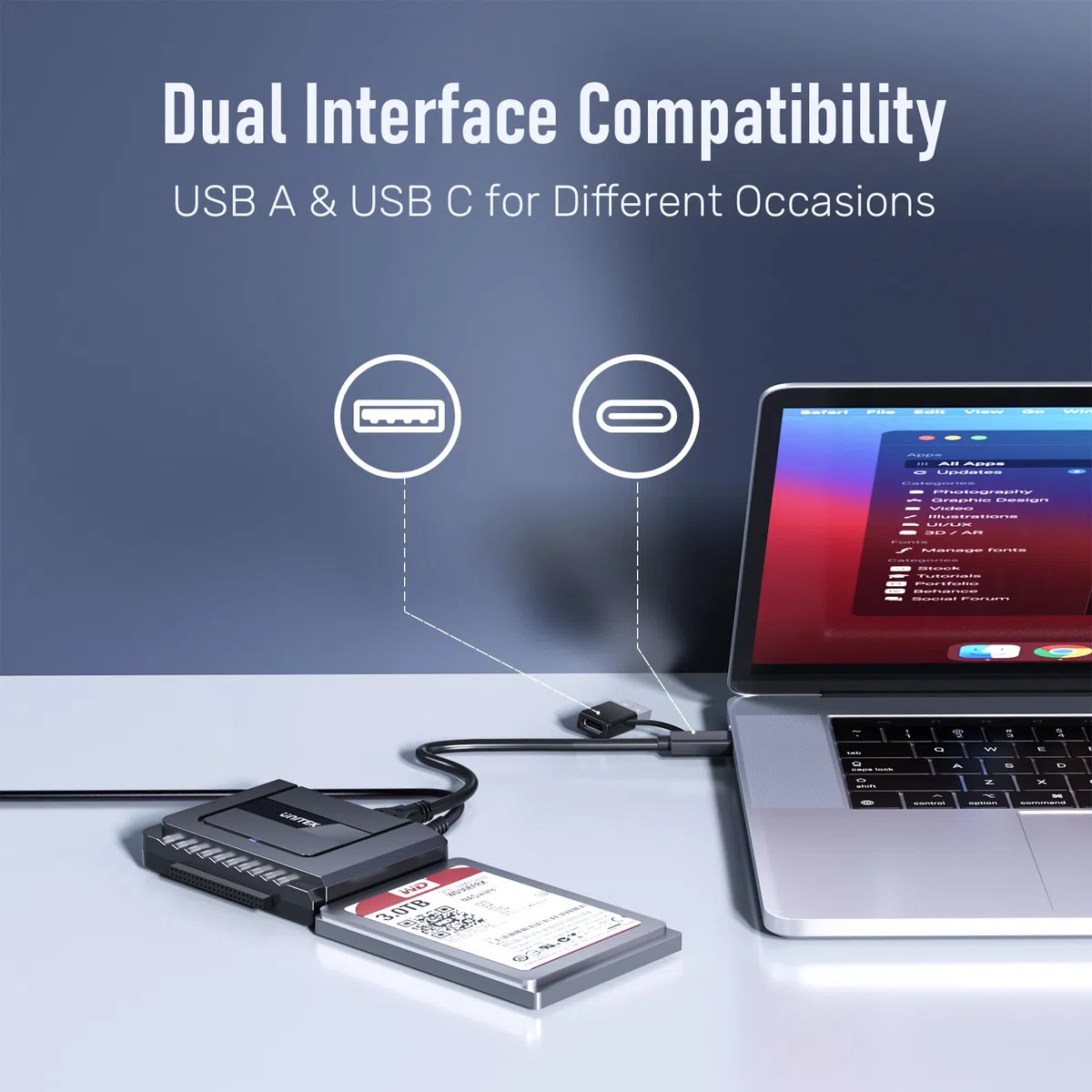 UNITEK IDE SATA Adapter auf USB, Externe Festplattenadapter für 2,5 3,5 Zoll HDD SSD, USB-C-Datenkabel mit USB-A Adapter und 12 V/2 A Netzadapter im Lieferumfang enthalten